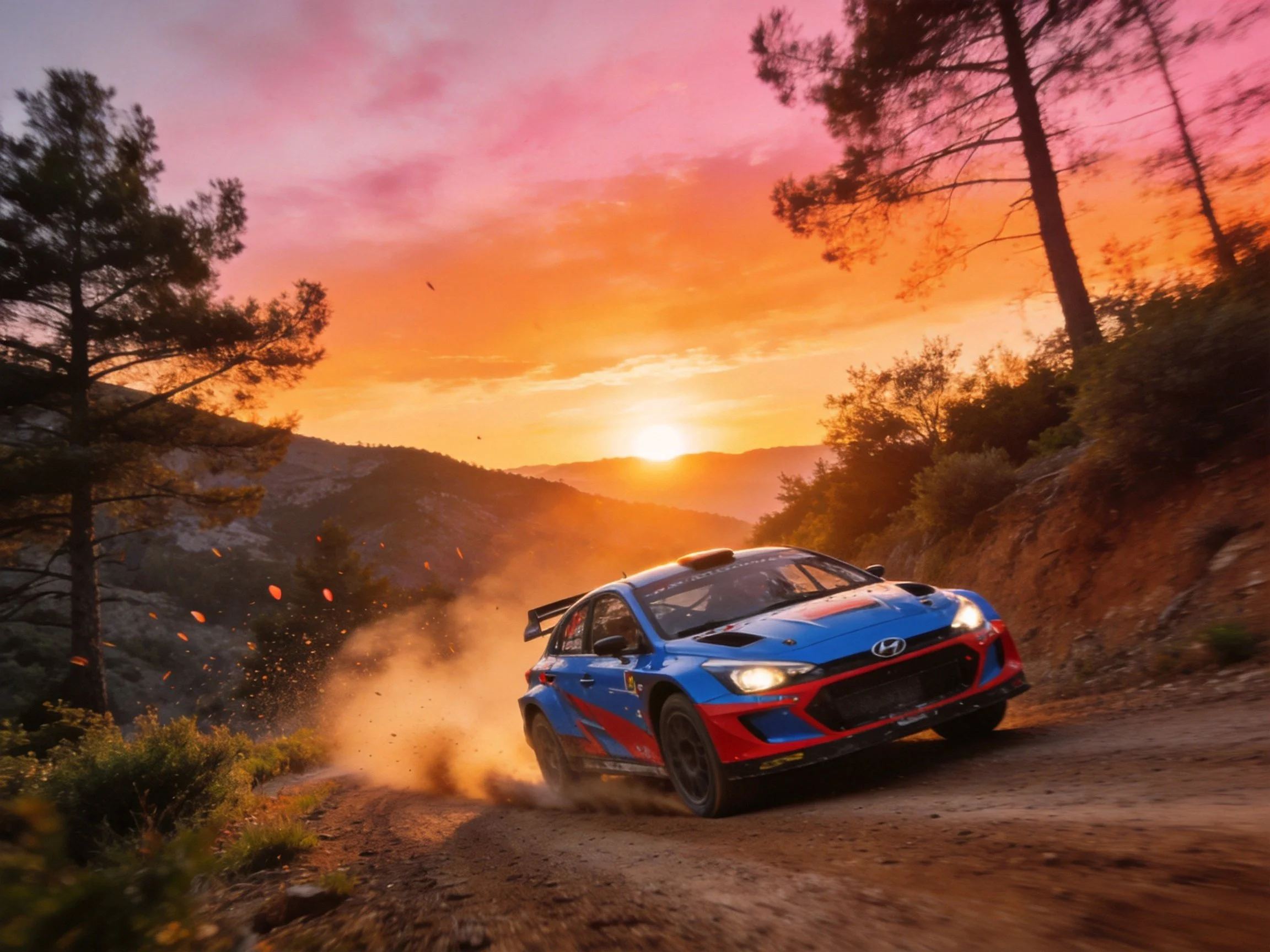 A blue and red rally car speeding on a dusty mountain road at sunset