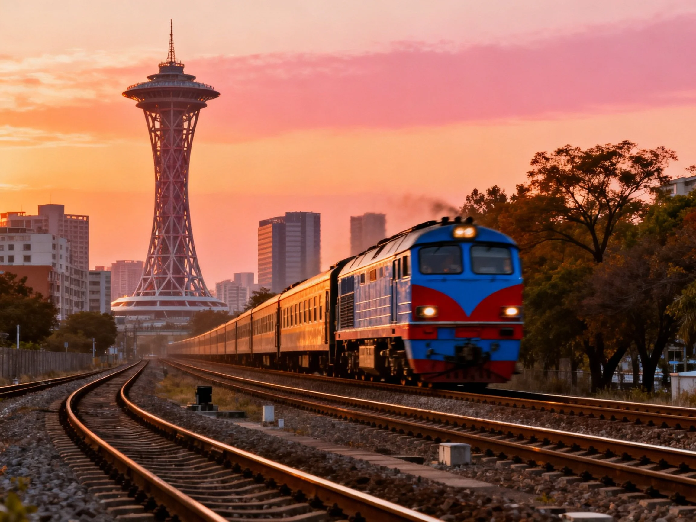 A blue and red train travels past a tall tower at sunset