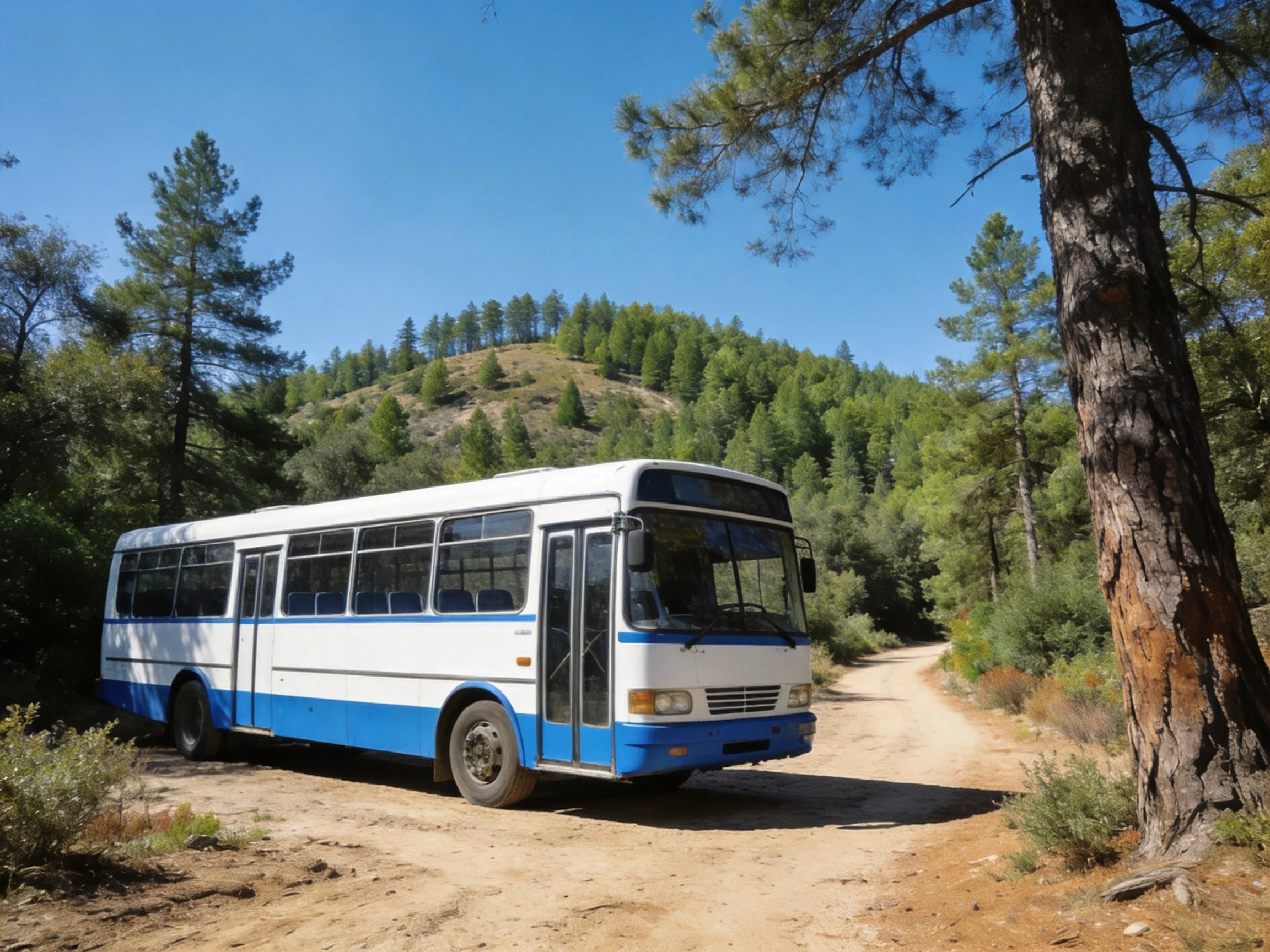A blue and white bus on a forest dirt road with pine trees