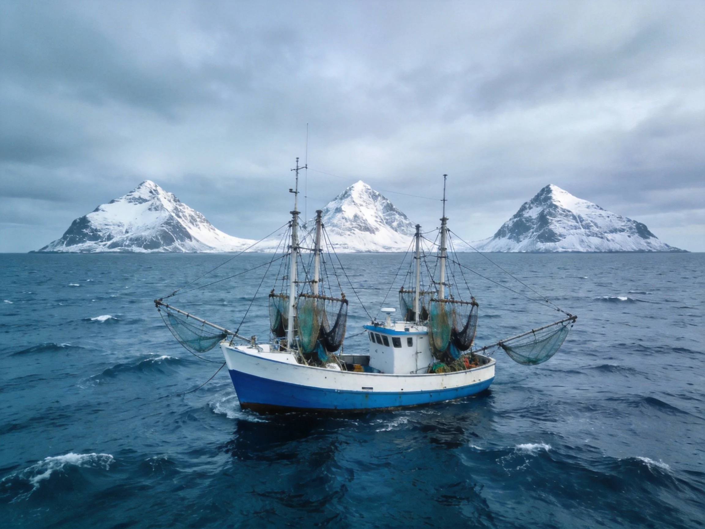 A blue-and-white fishing vessel sails near three snow-capped mountains