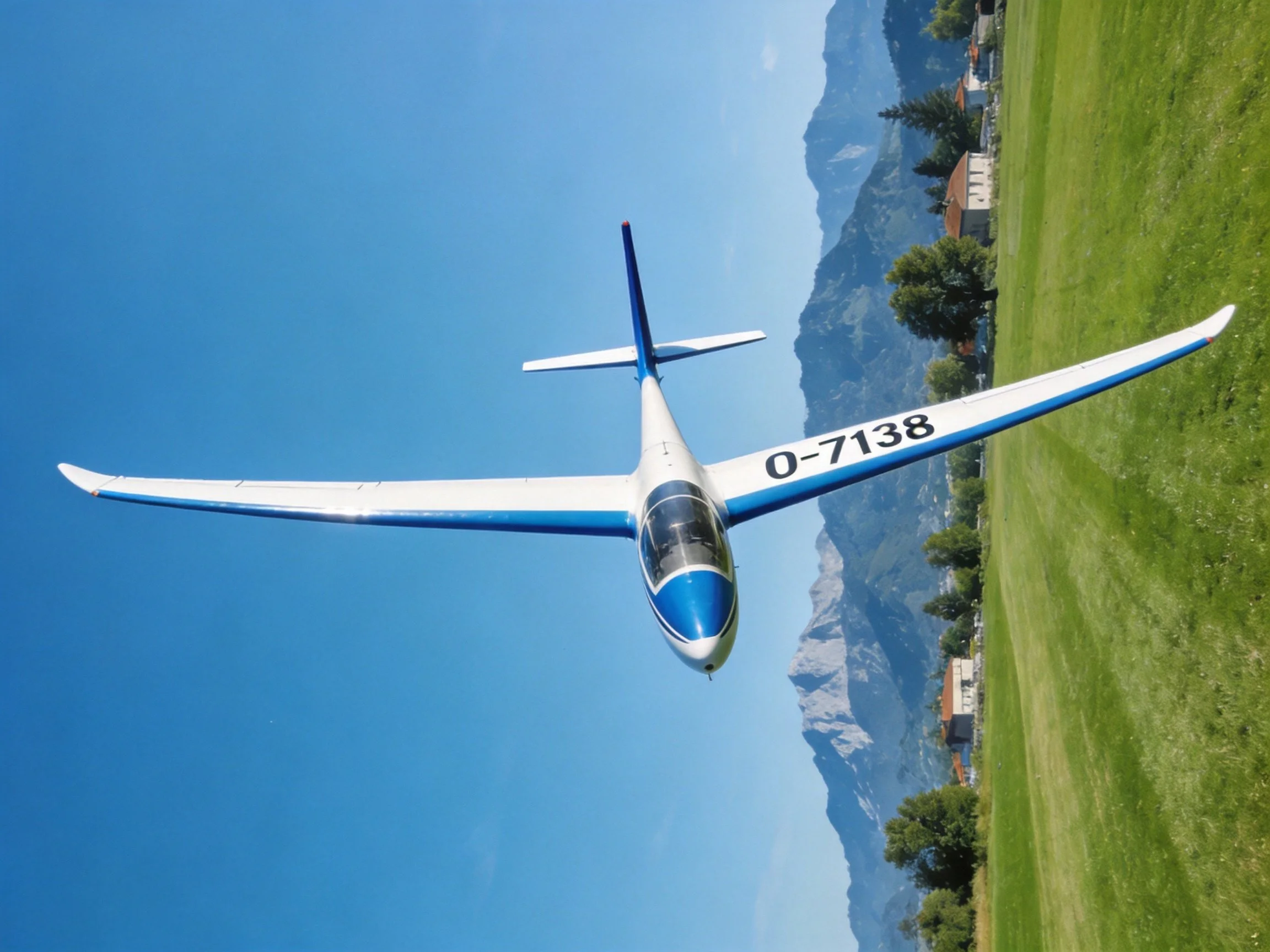 A blue and white glider soars over a green field near mountains