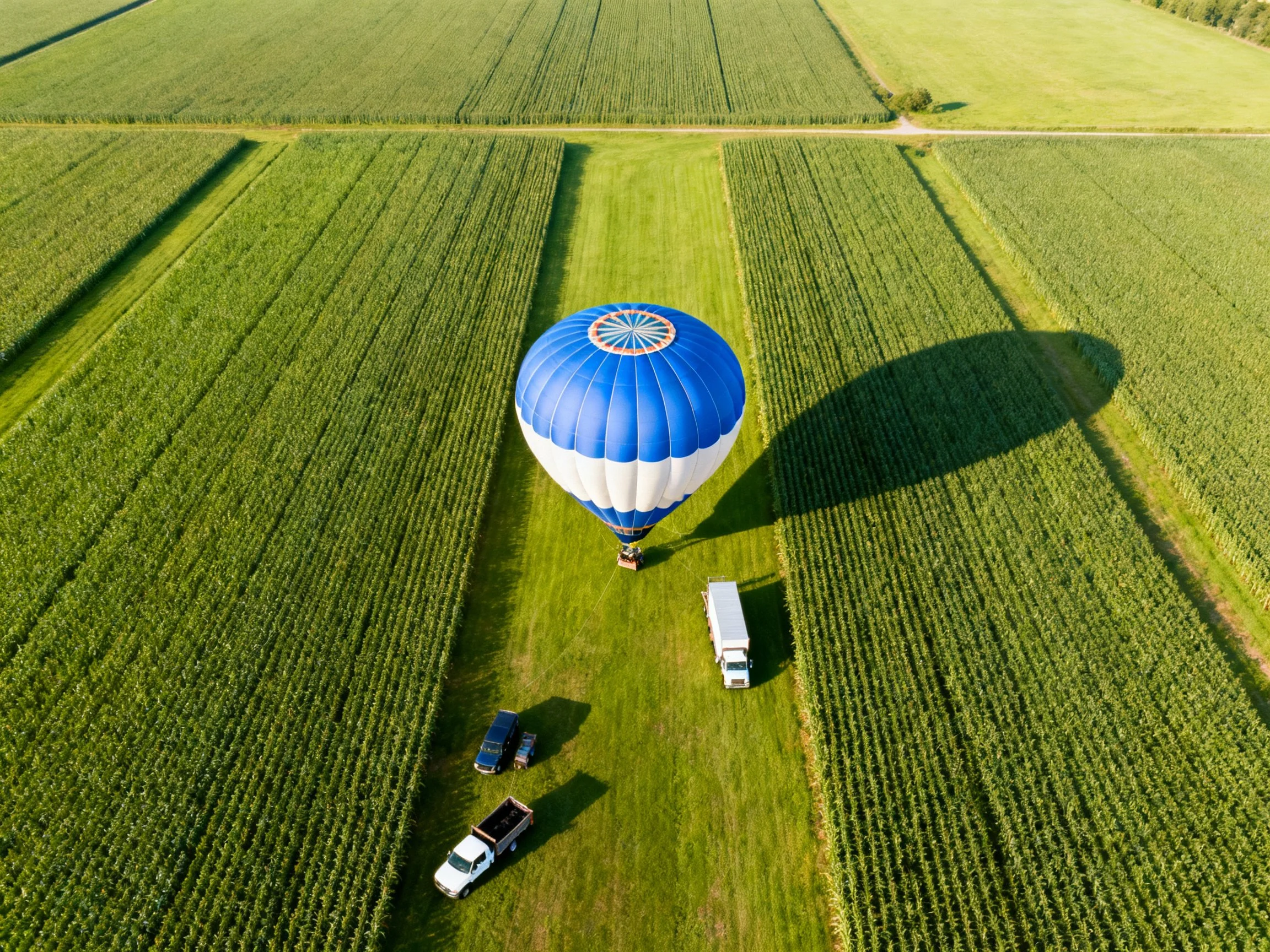 A blue and white hot air balloon in green agricultural fields