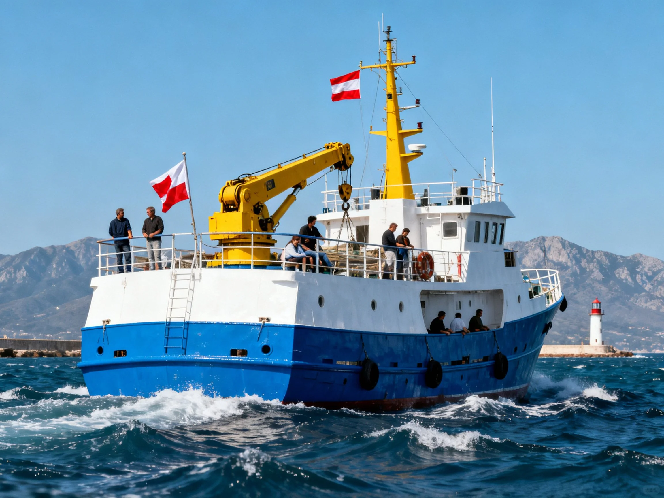 A blue and white vessel sails near mountains with passengers