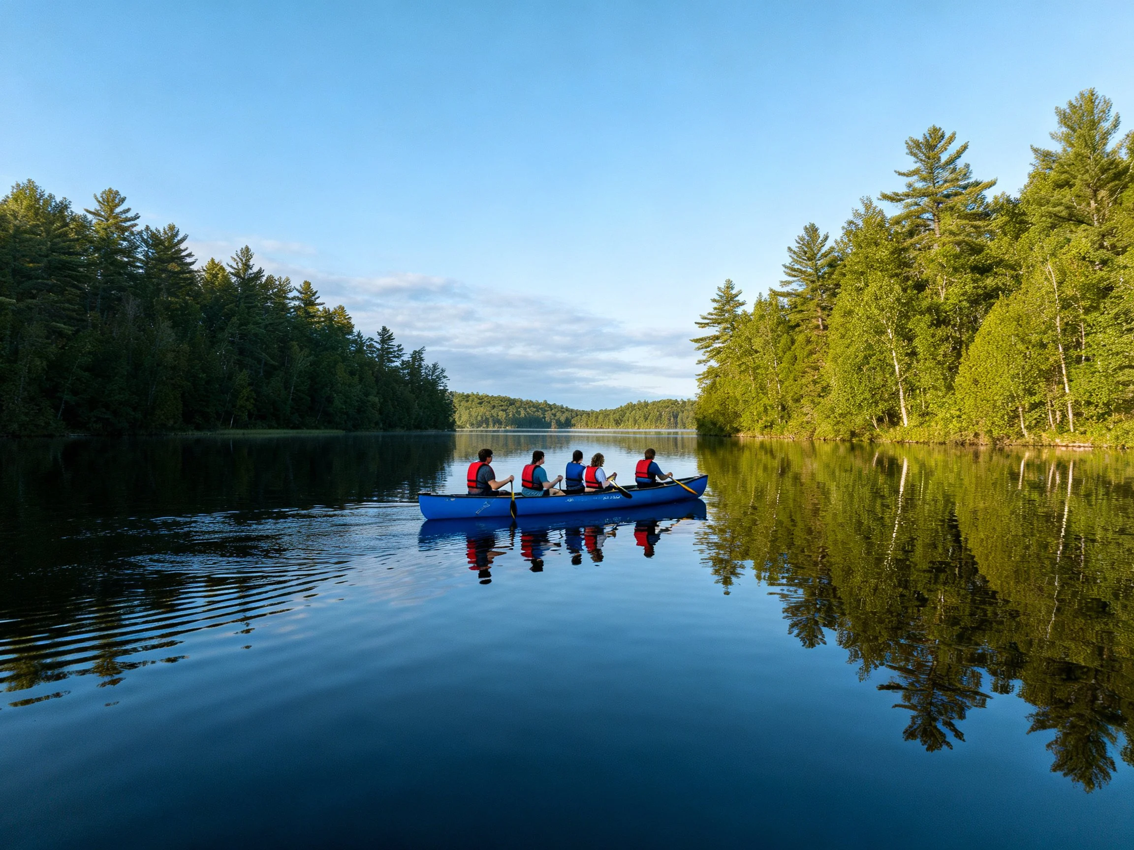 A blue canoe with four people floats on calm, reflective water amid dense forests.