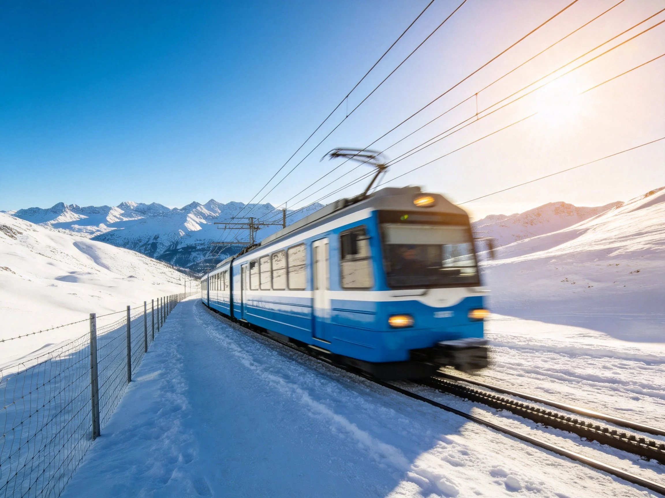 A blue electric train speeds along snow - covered mountain tracks