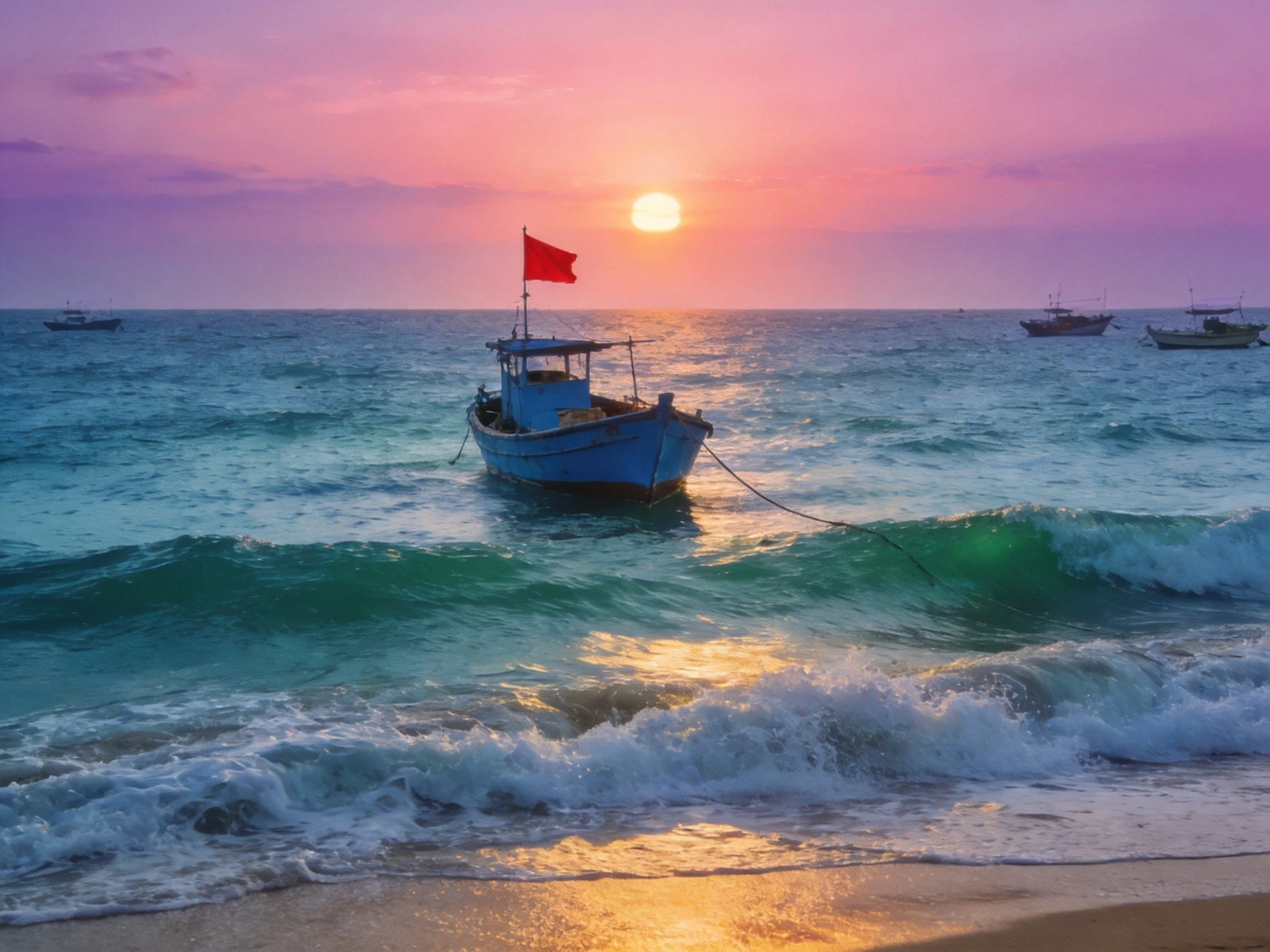 A blue fishing boat with red flag near shoreline during vibrant sunset