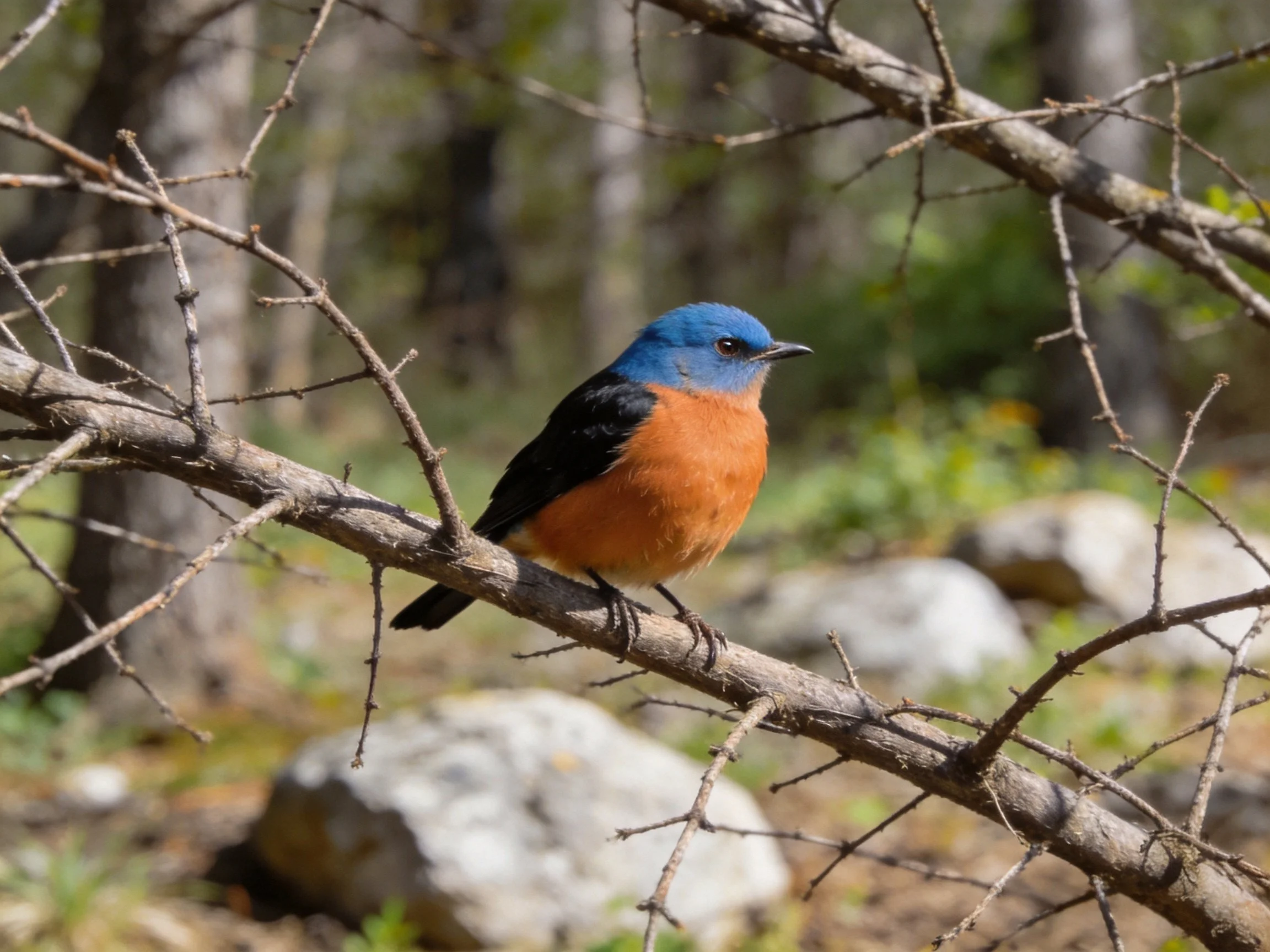 A blue-headed bird with orange underparts perches on a bare tree branch