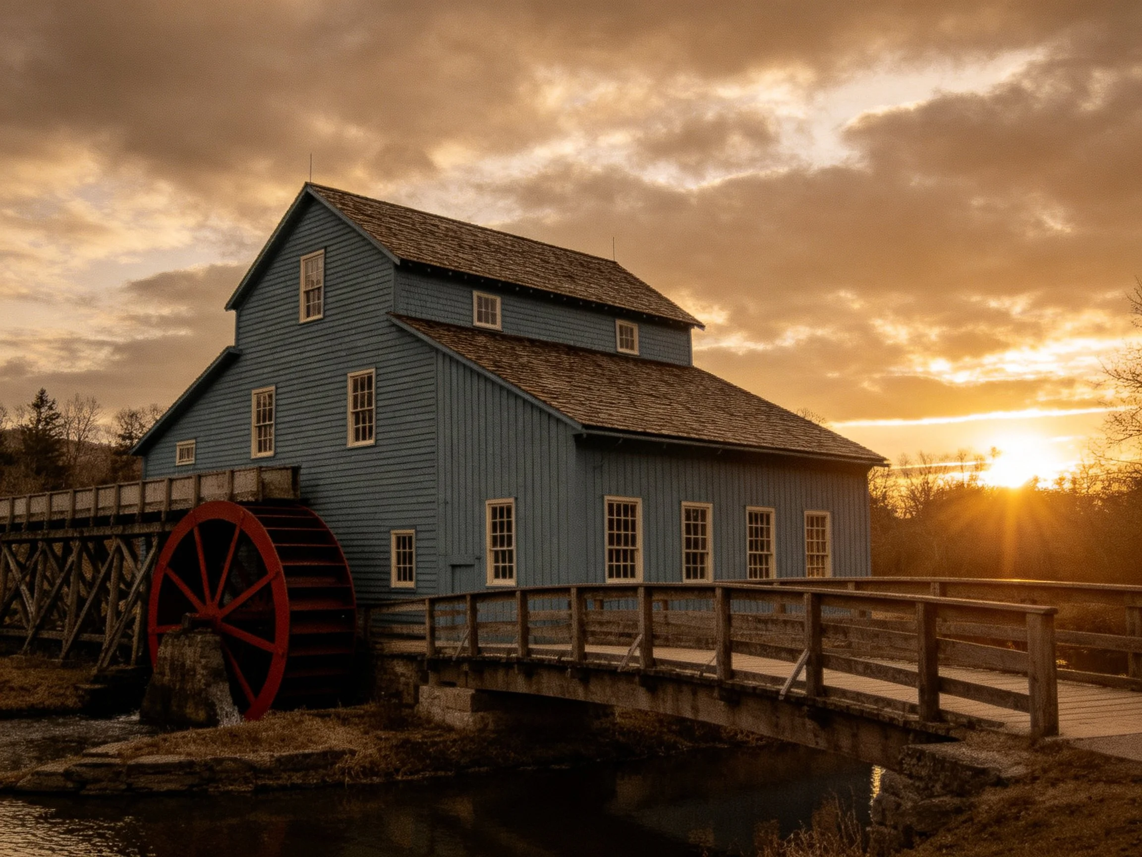 A blue historic mill with red waterwheel by golden sunset