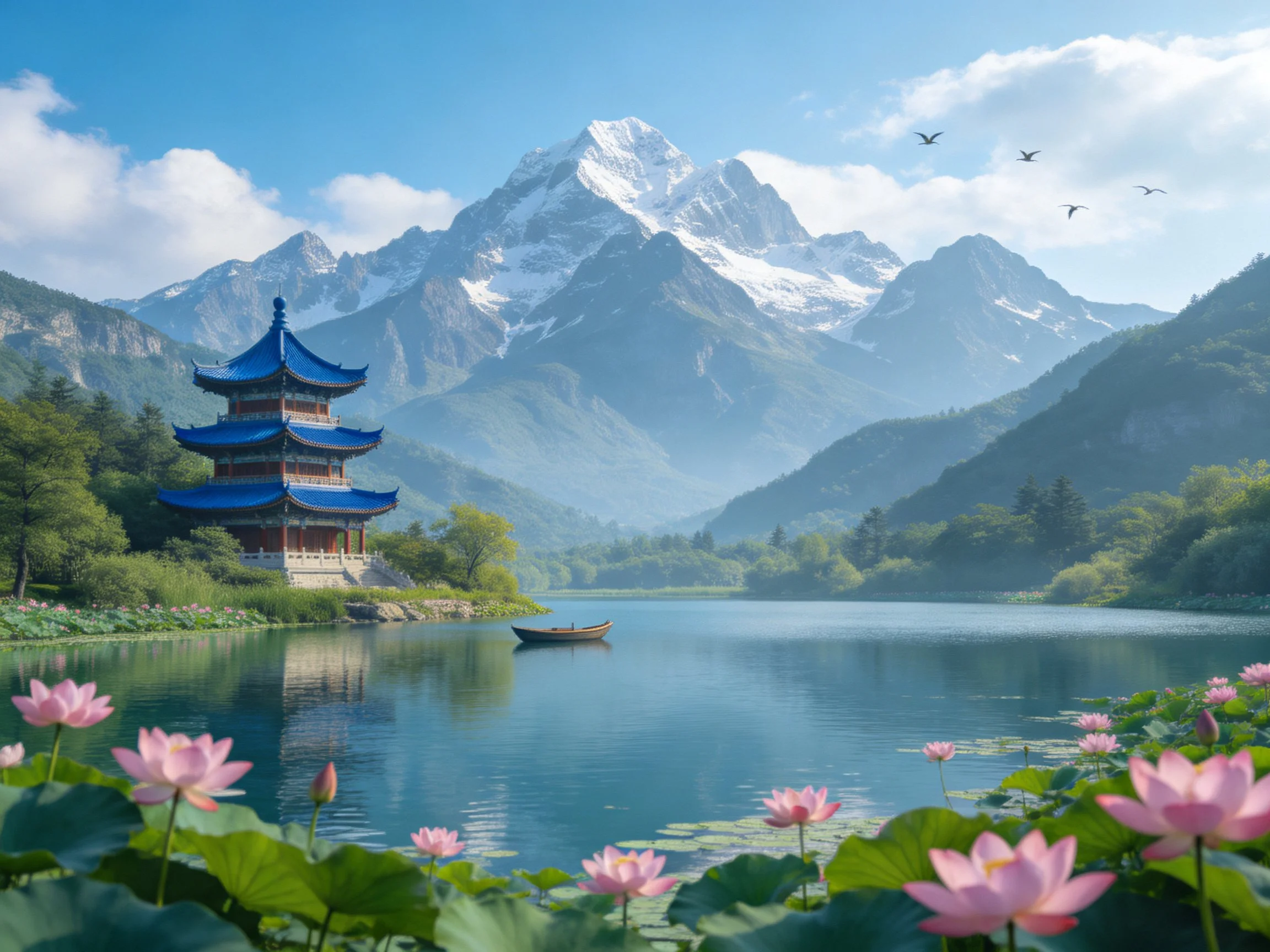 A blue pagoda by a calm lake with pink lotuses and snow-capped mountains