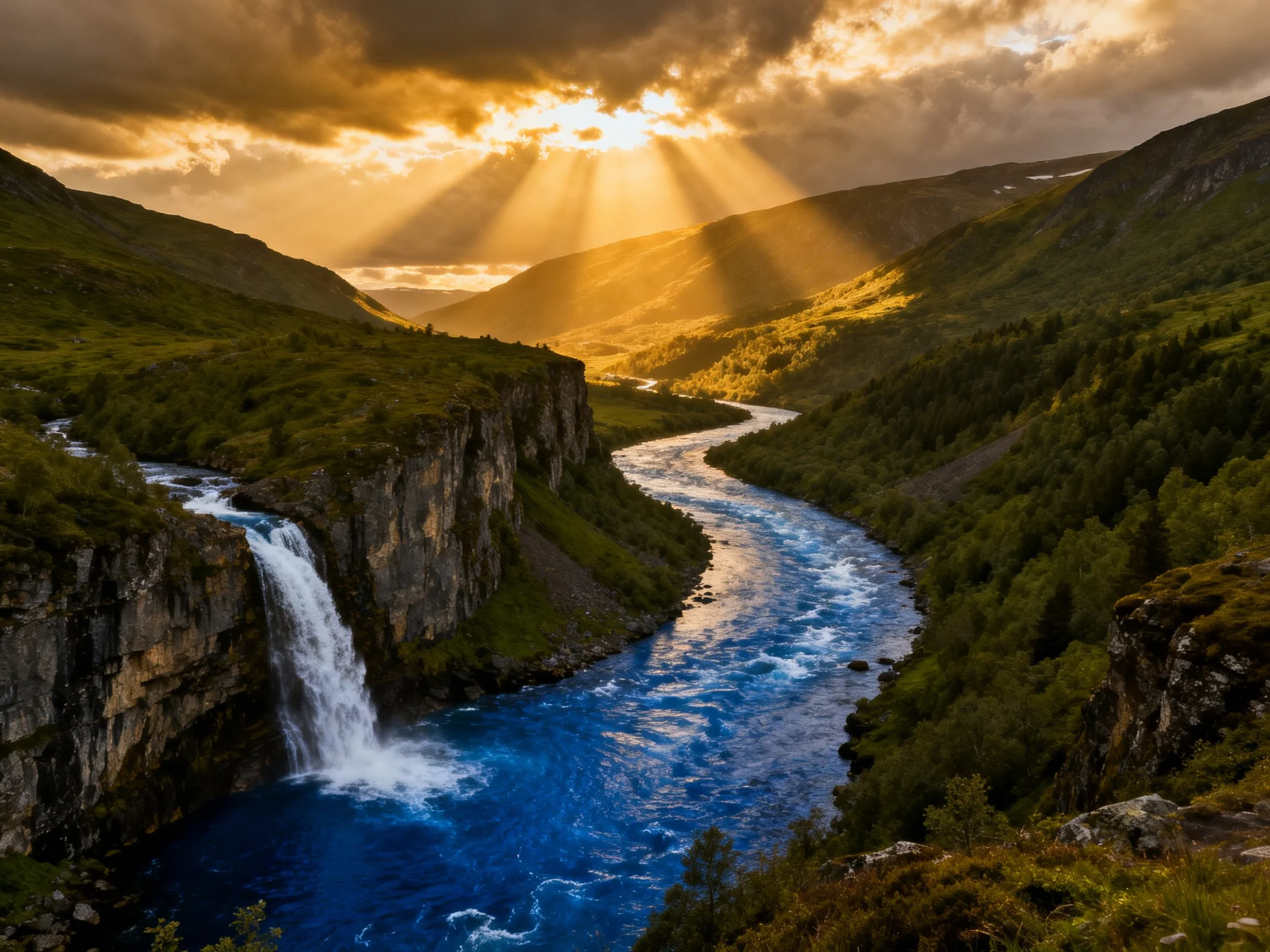 A blue river flows past a waterfall in green mountainous terrain under golden sunset