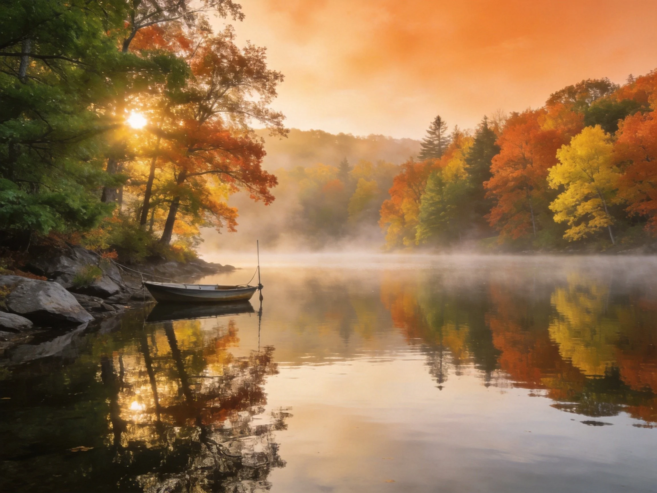 A boat rests by a misty autumn river with colorful foliage