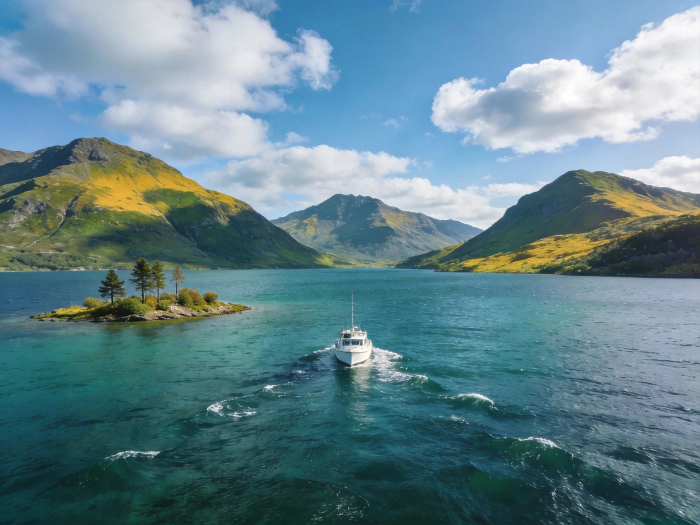 A boat sails through turquoise waters near green-yellow mountains