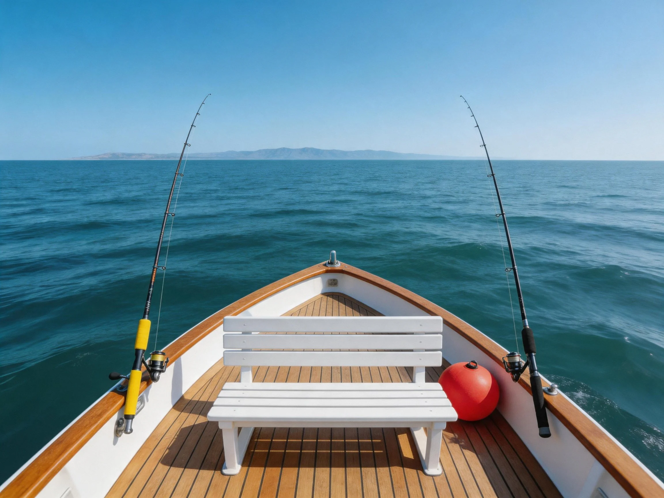 A boats bow with two fishing rods, white bench, and vast blue sea