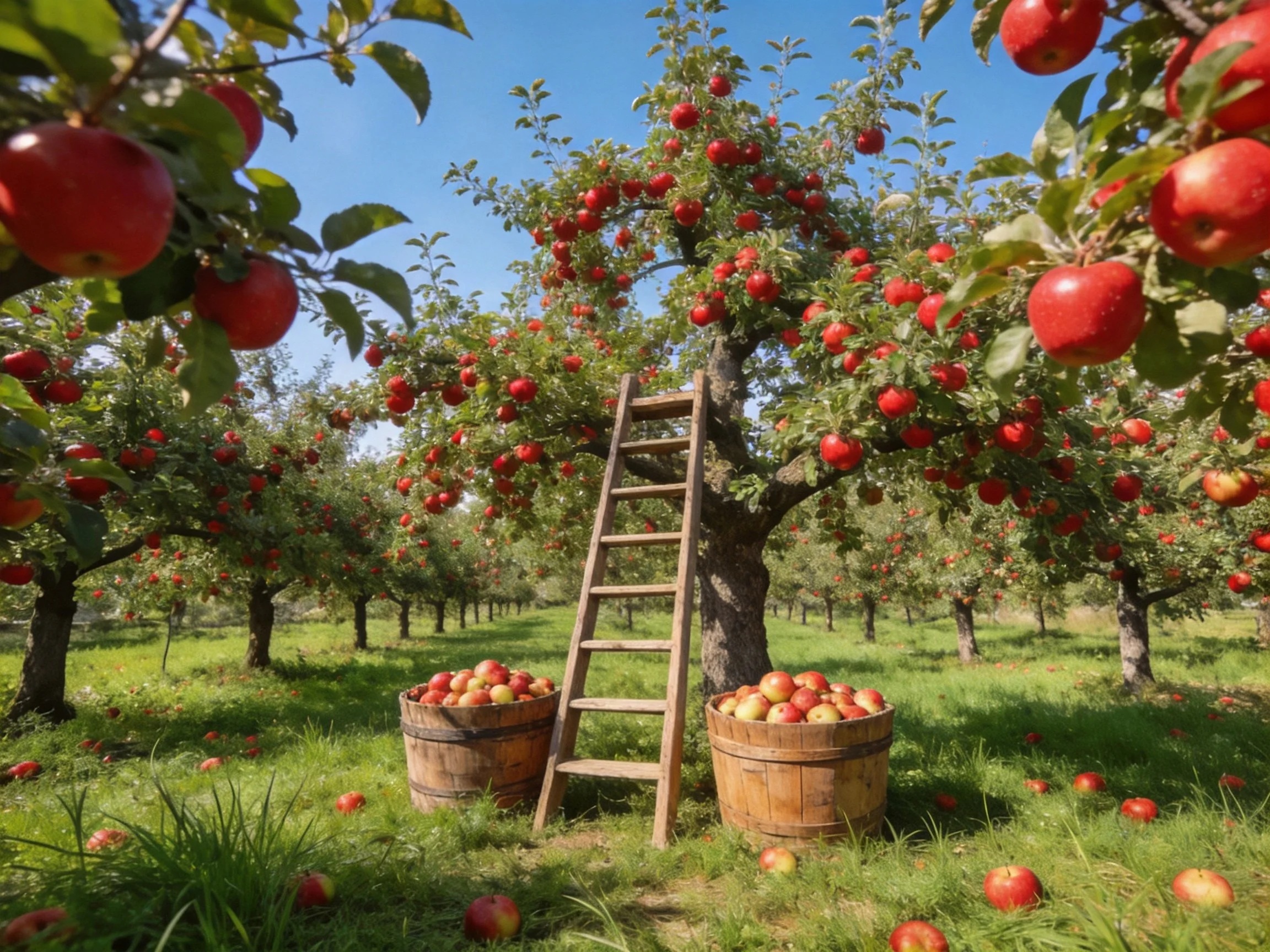 A bountiful apple orchard with red apples, wooden barrels, and a ladder