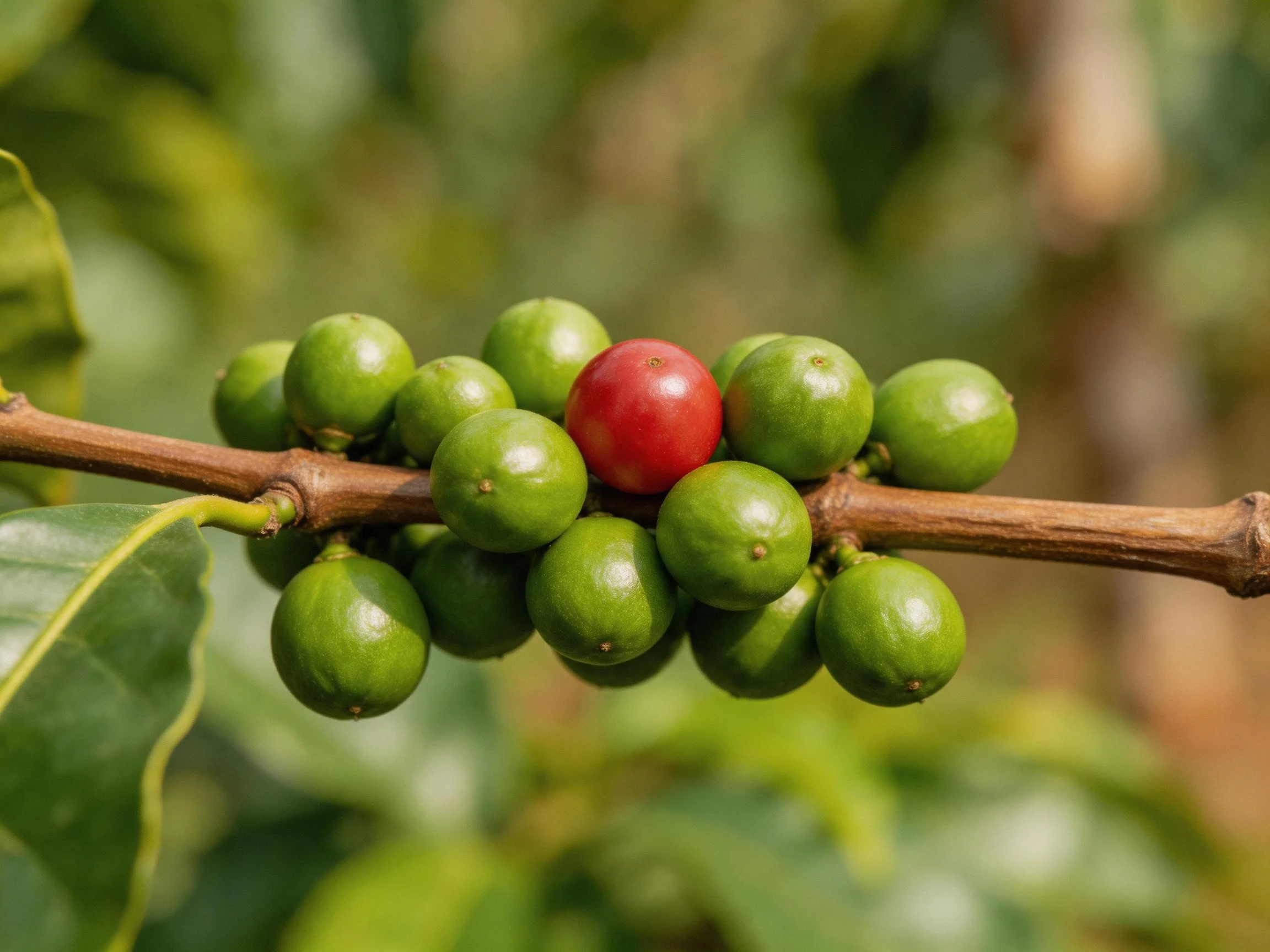 A branch bears numerous green coffee cherries with one vibrant red cherry.