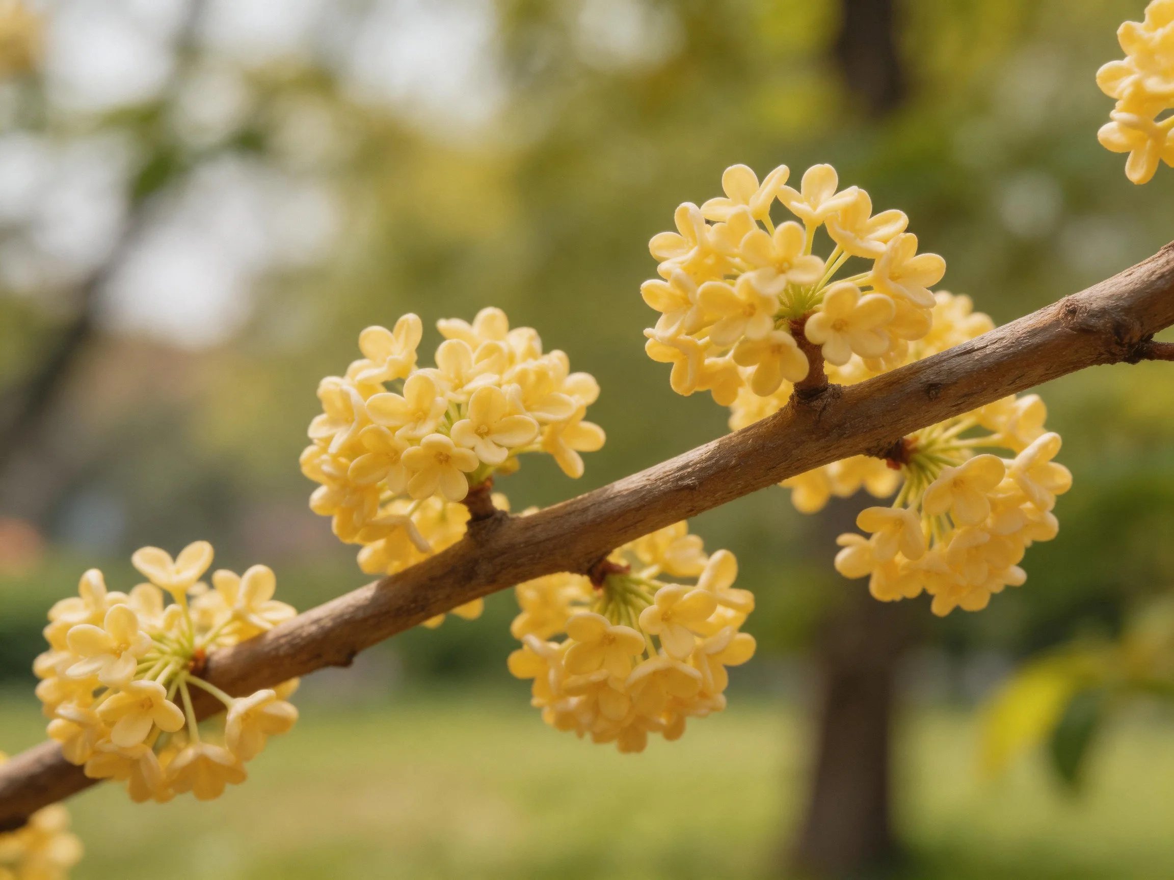A branch with clusters of small yellow blooms against a blurred green backdrop