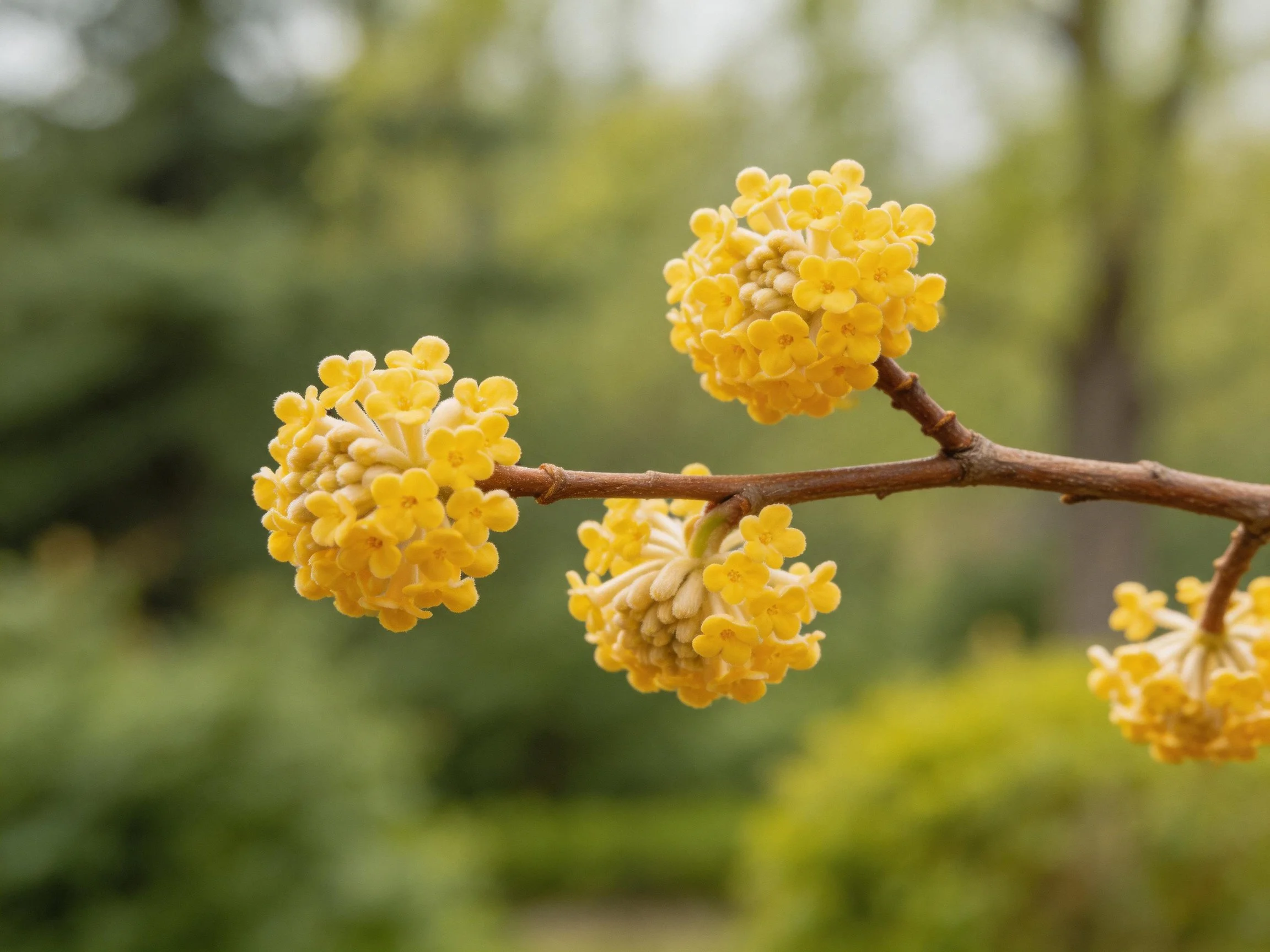 A branch with four clusters of small yellow blooms against green foliage