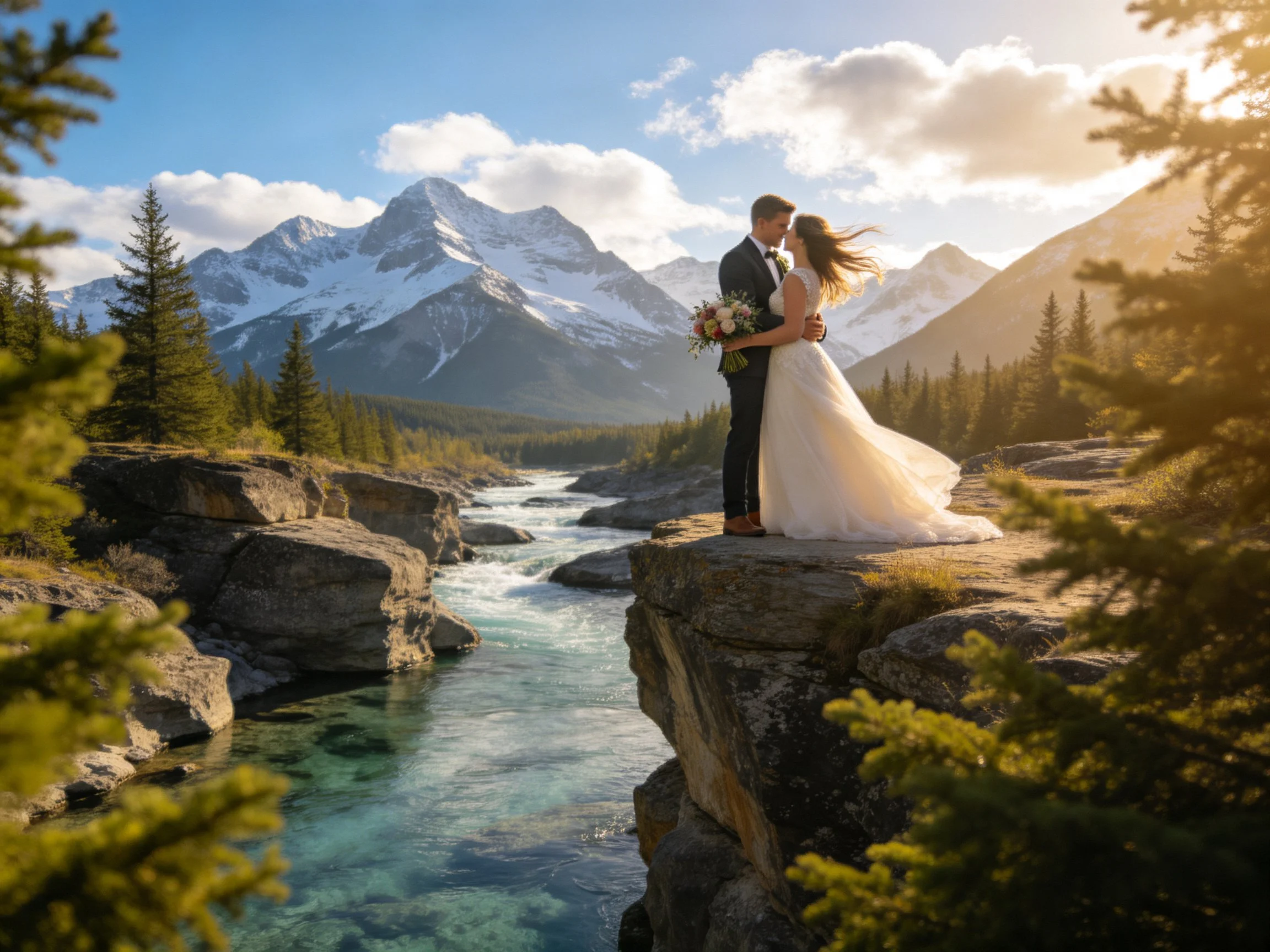 A bride and groom embrace atop a rocky cliff by a turquoise river