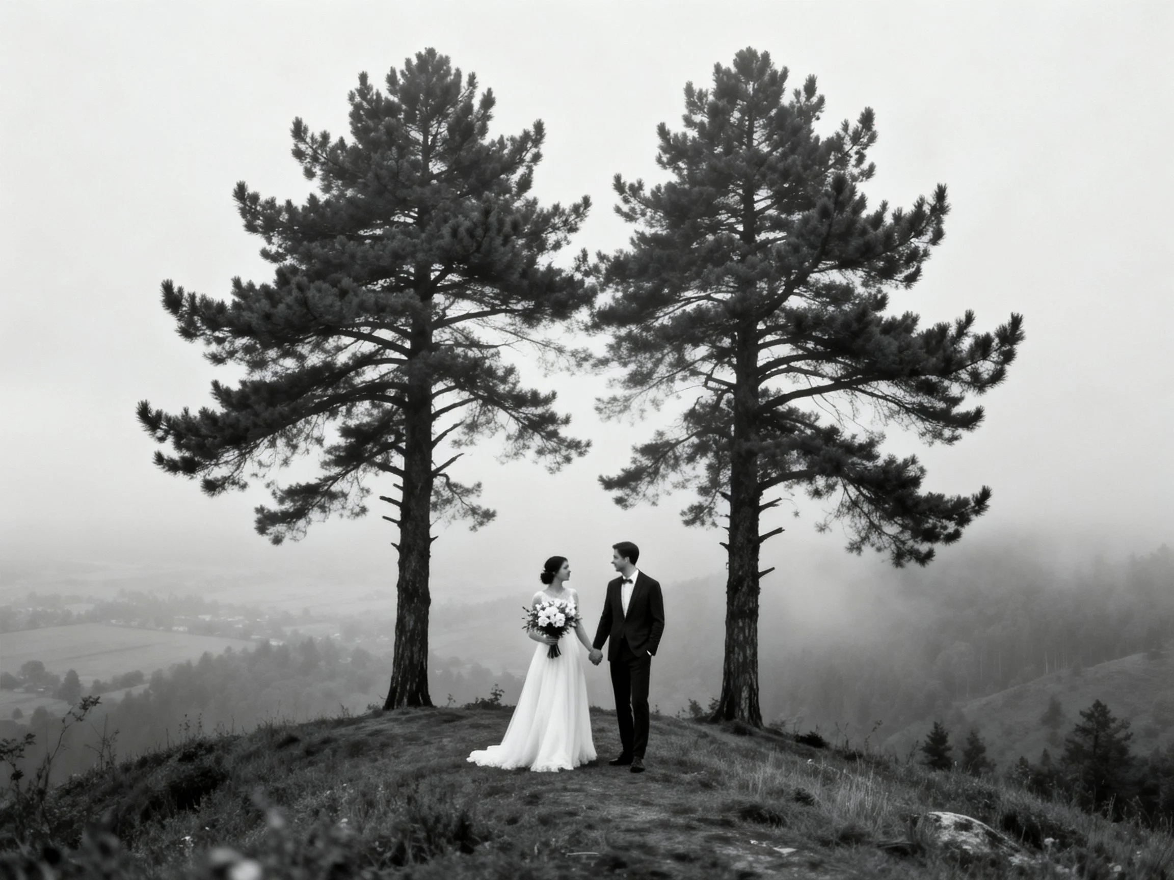 A bride and groom stand between two large pine trees in a foggy mountain landscape.