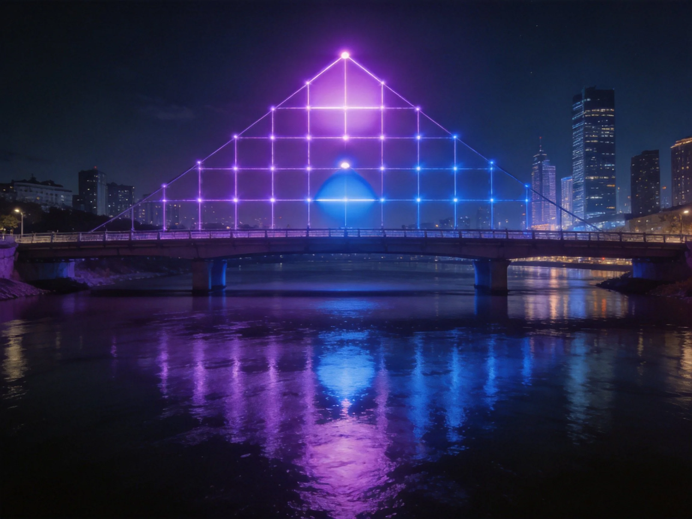 A bridge with purple and blue geometric lights over water