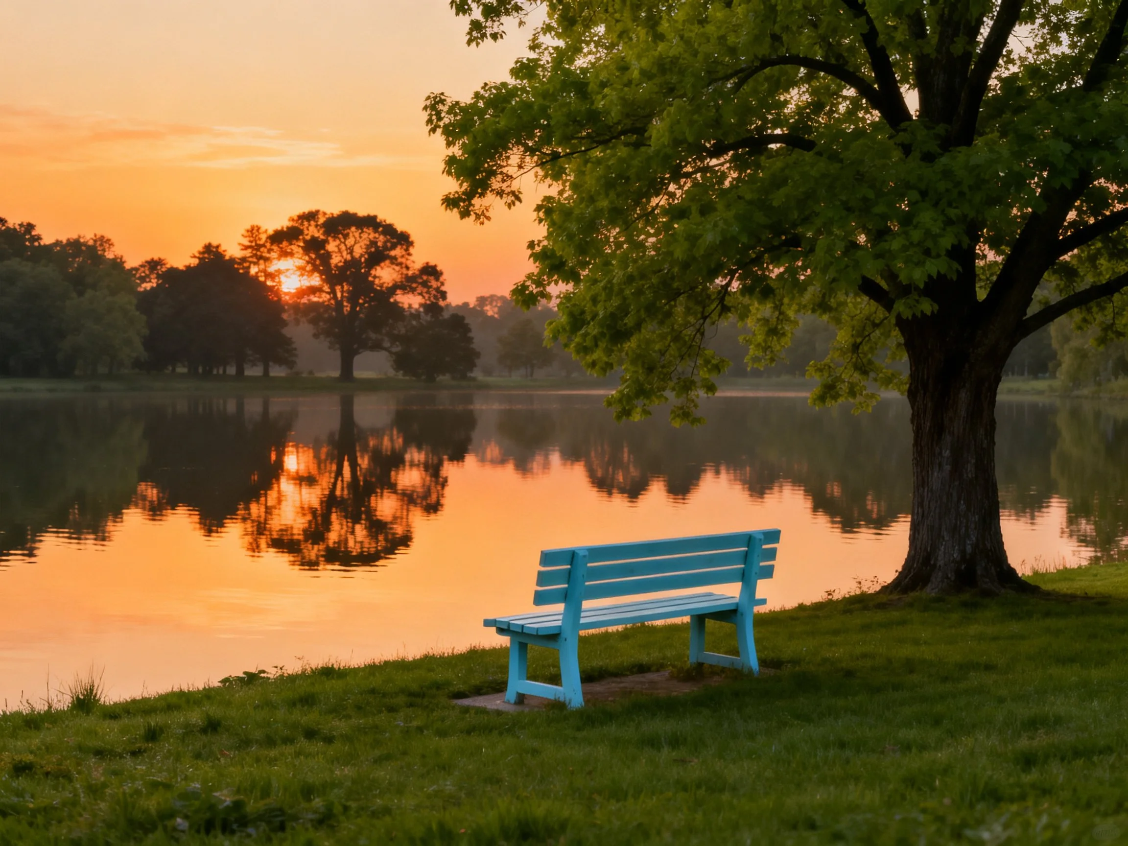 A bright blue bench near a large tree by a calm lake at sunset