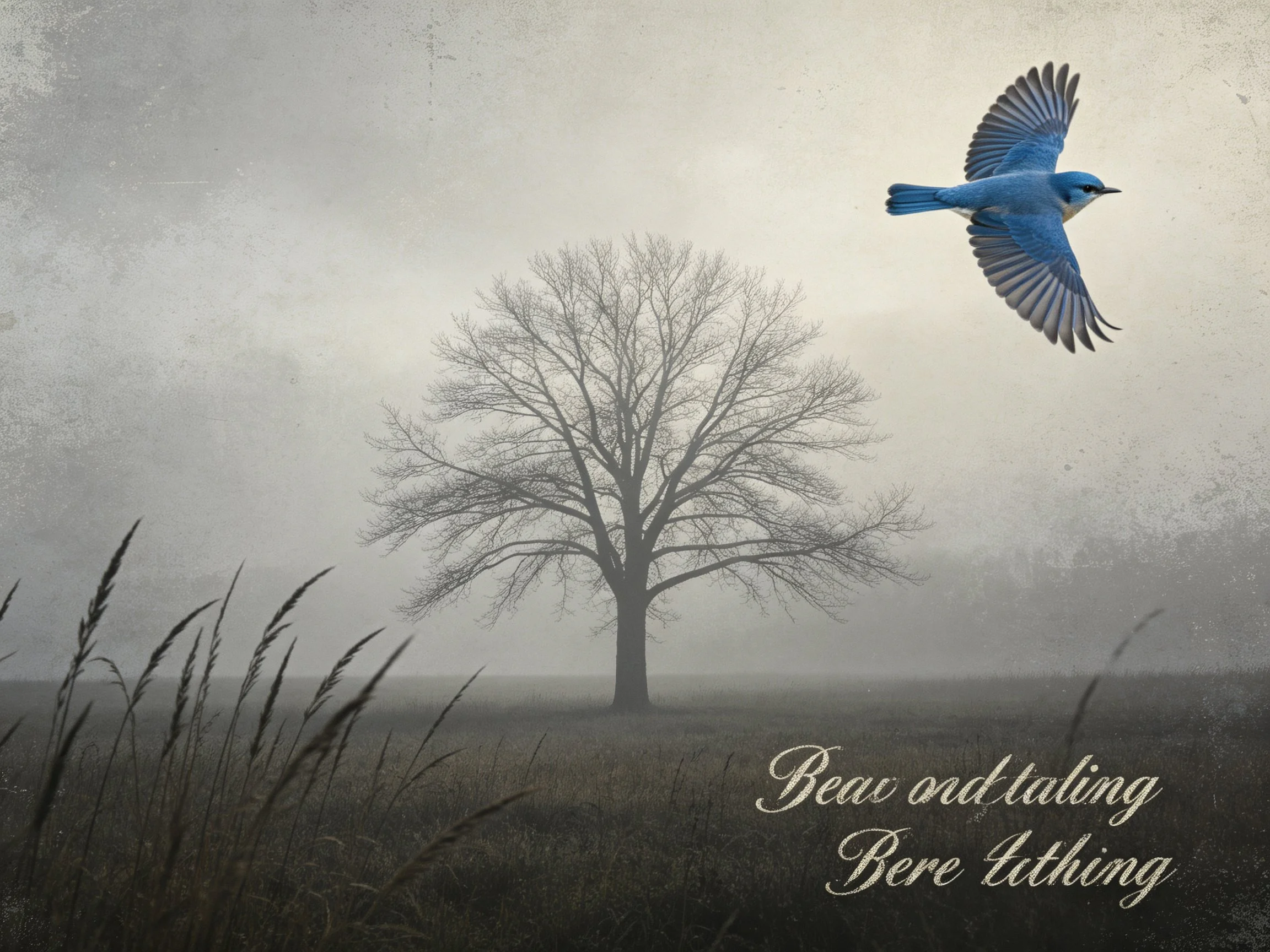 A bright blue bird flies near a bare tree in foggy countryside