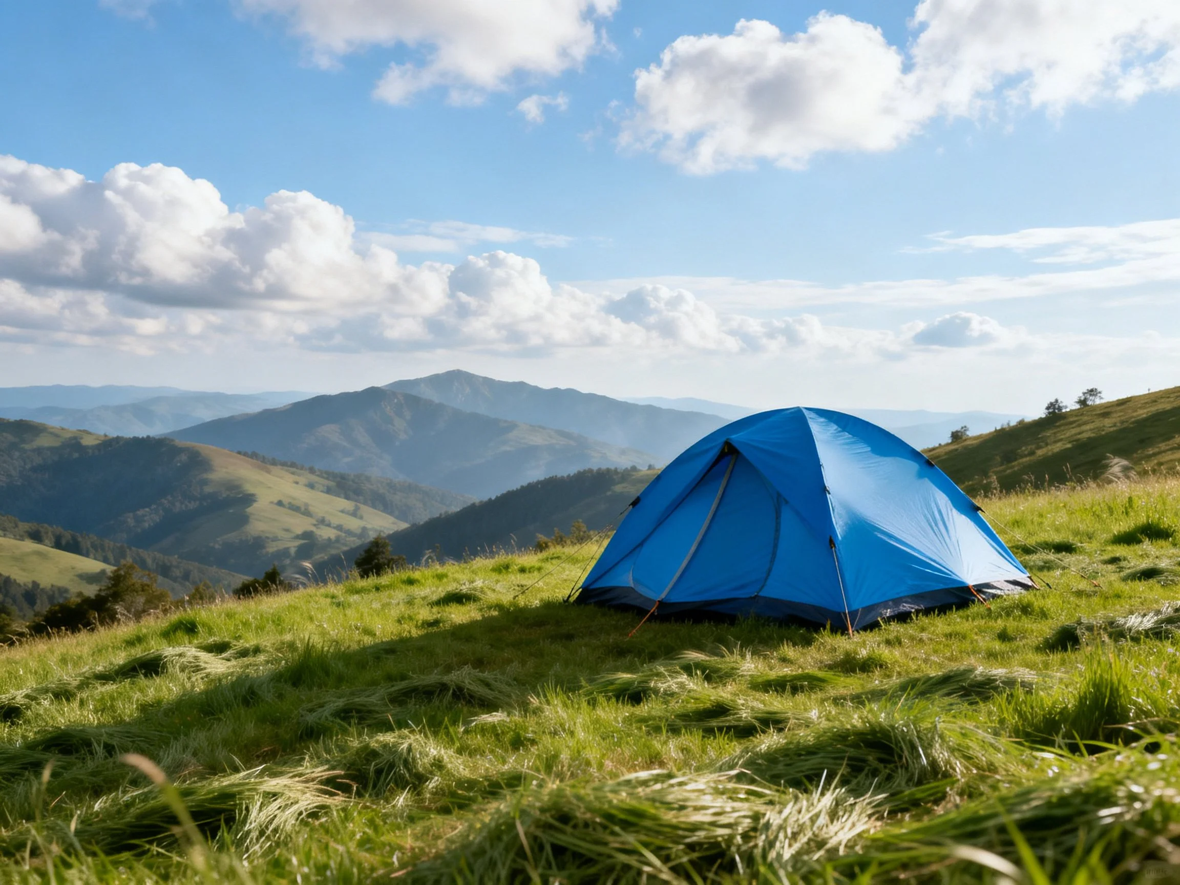 A bright blue tent on a grassy hillside with distant mountains