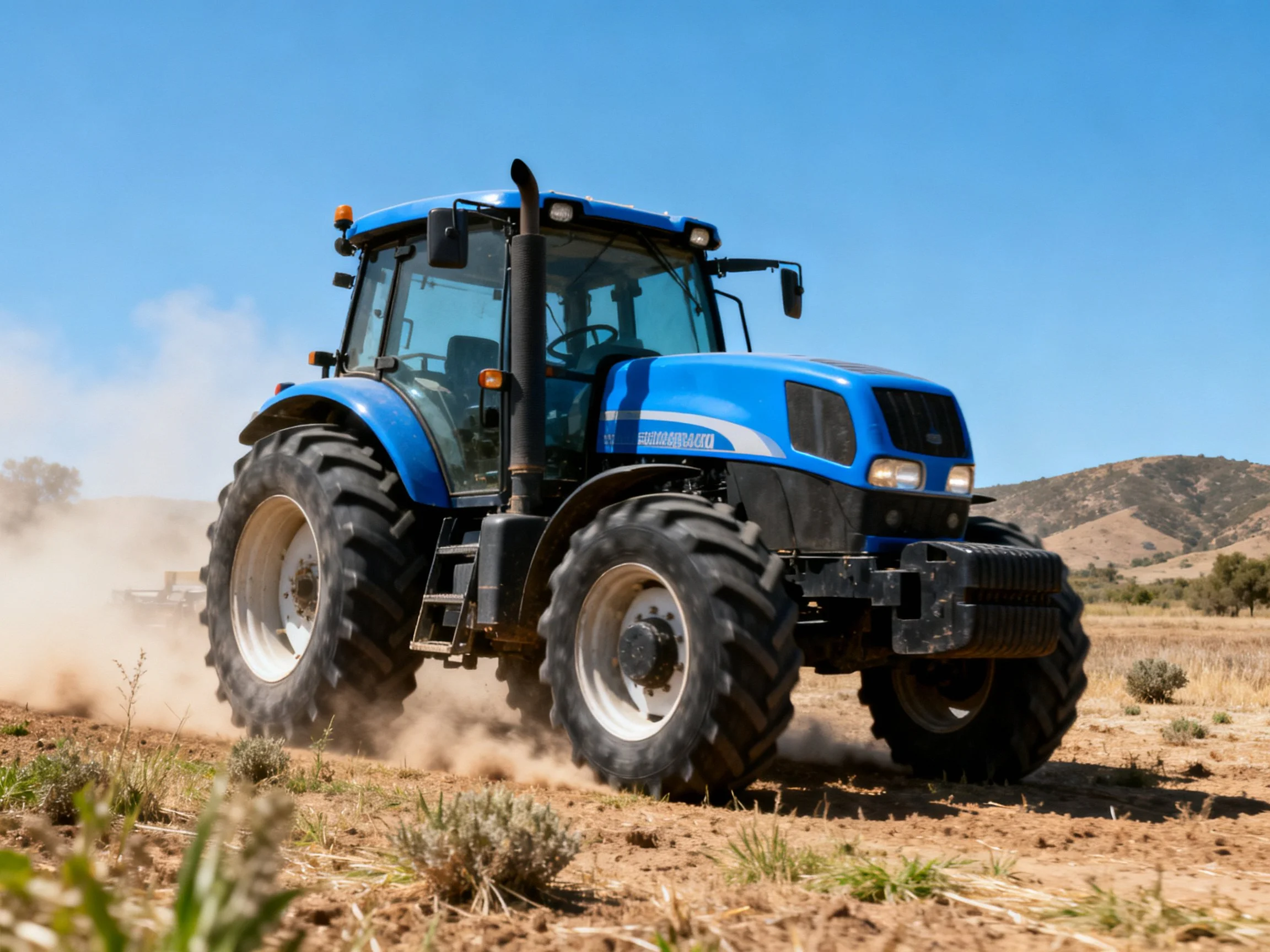 A bright blue tractor navigating dusty farmland terrain