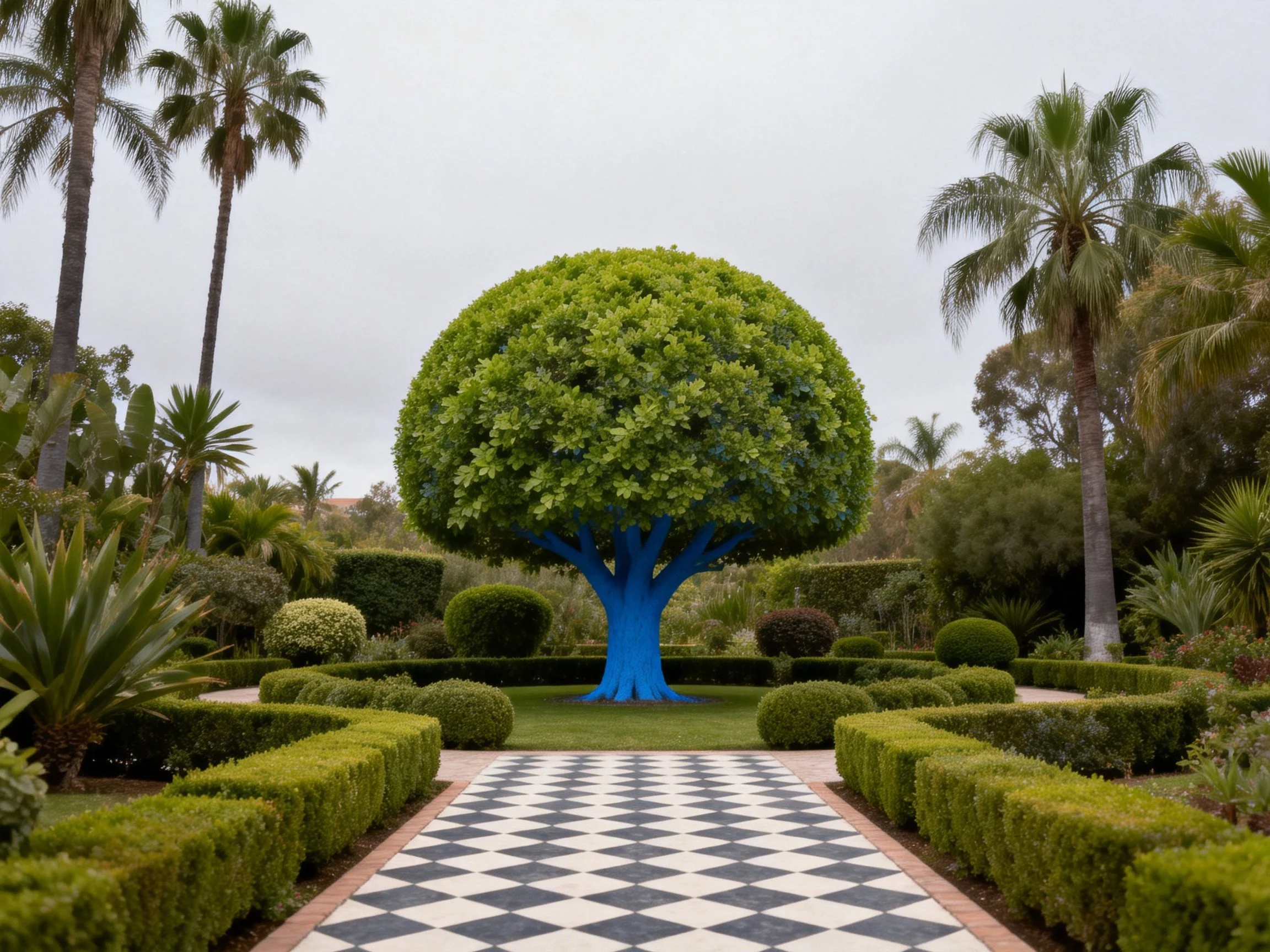 A bright blue-trunked tree centered in manicured gardens with a checkered walkway