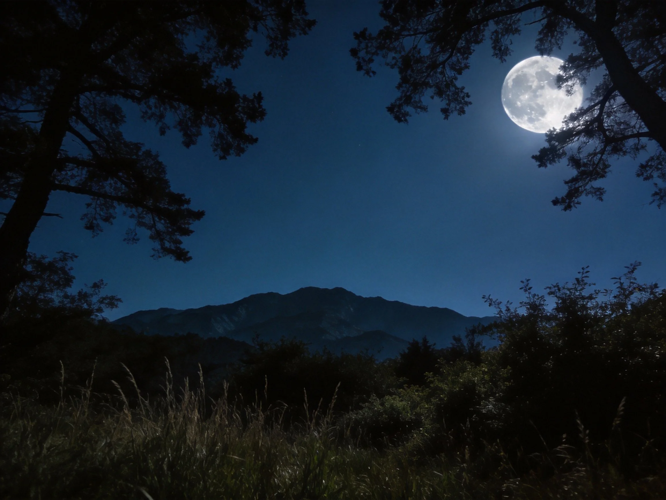 A bright full moon illuminates a dark blue night sky over silhouetted trees and mountains.
