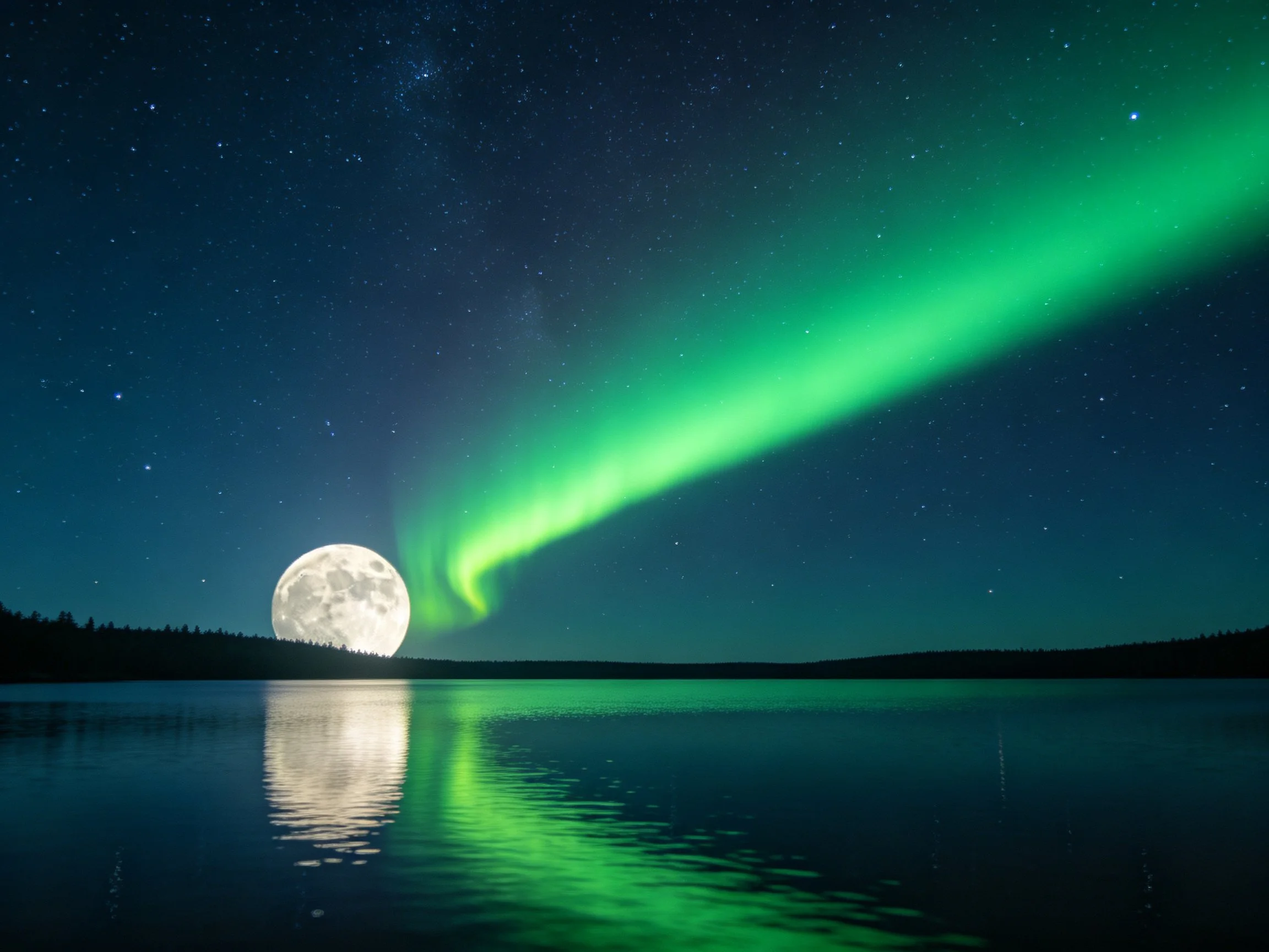 A bright full moon near vivid green aurora over still water