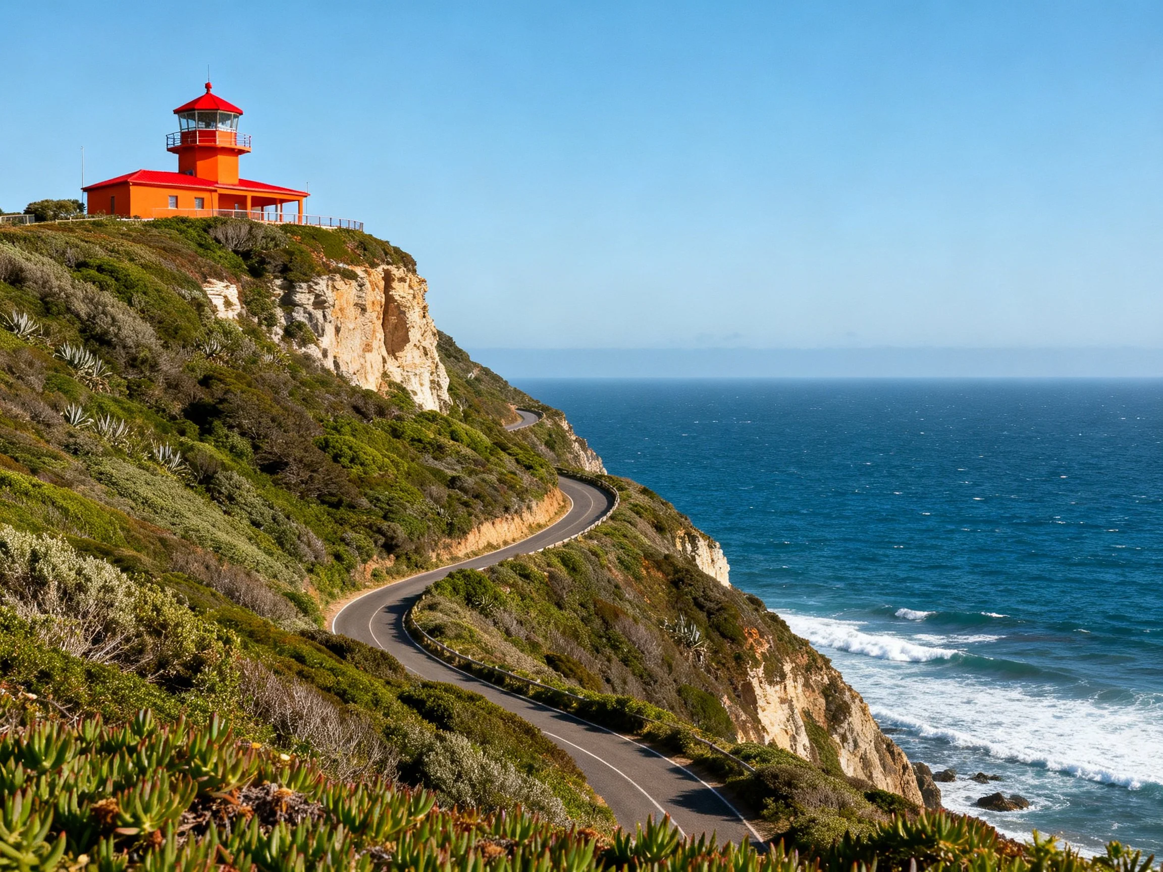 A bright orange lighthouse atop a rugged coastal cliffside