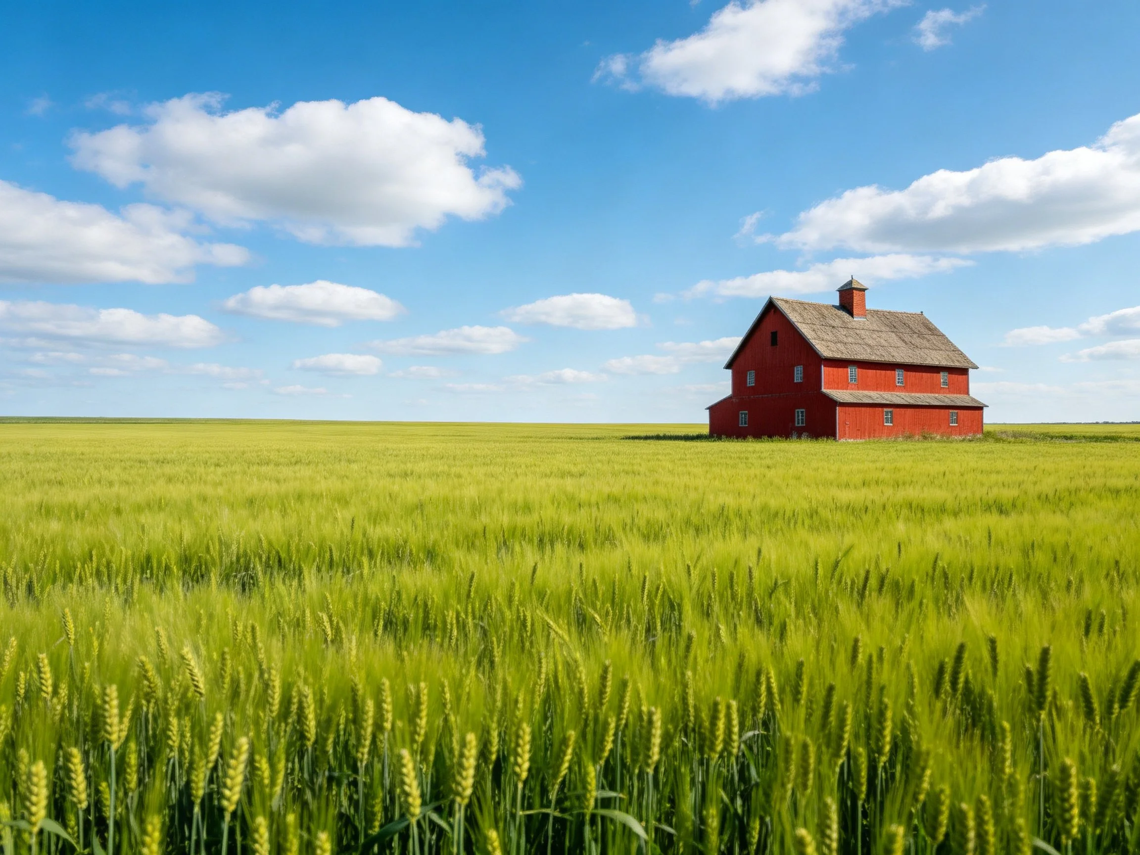 A bright red barn amidst a vast green wheat field under sunny skies