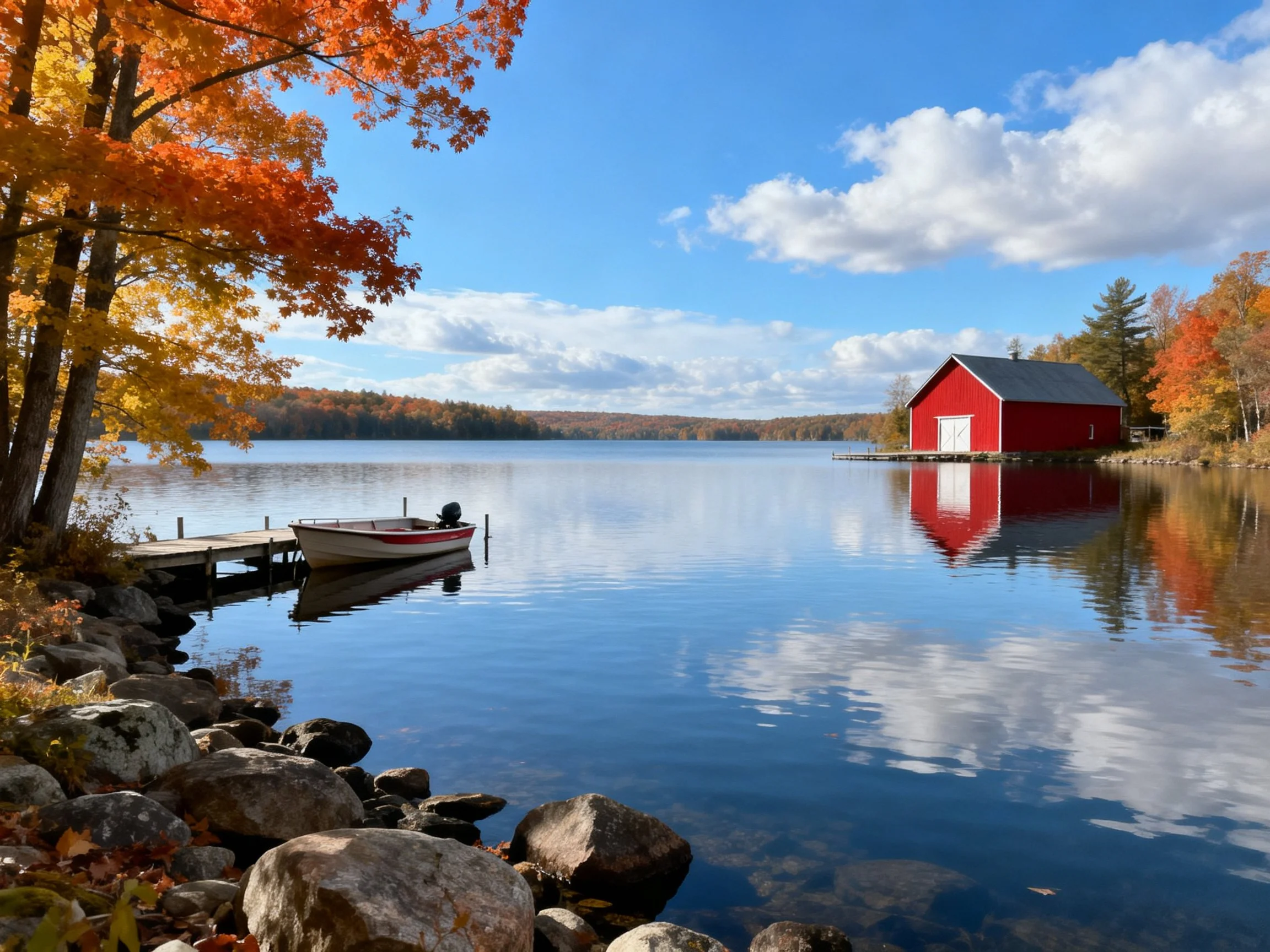 A bright red barn beside a serene lake with autumn-colored trees