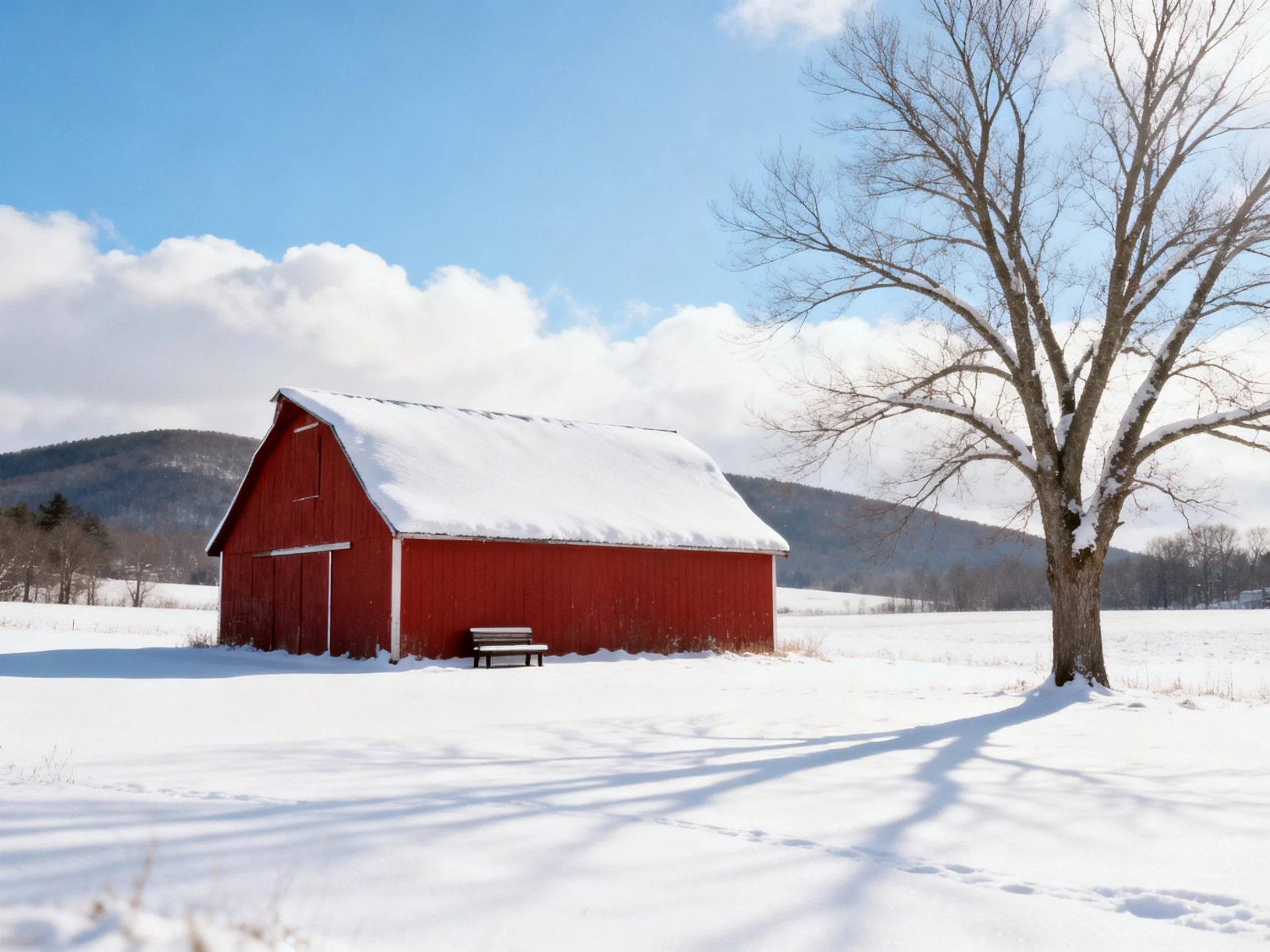 A bright red barn in a snowy field with a bare tree