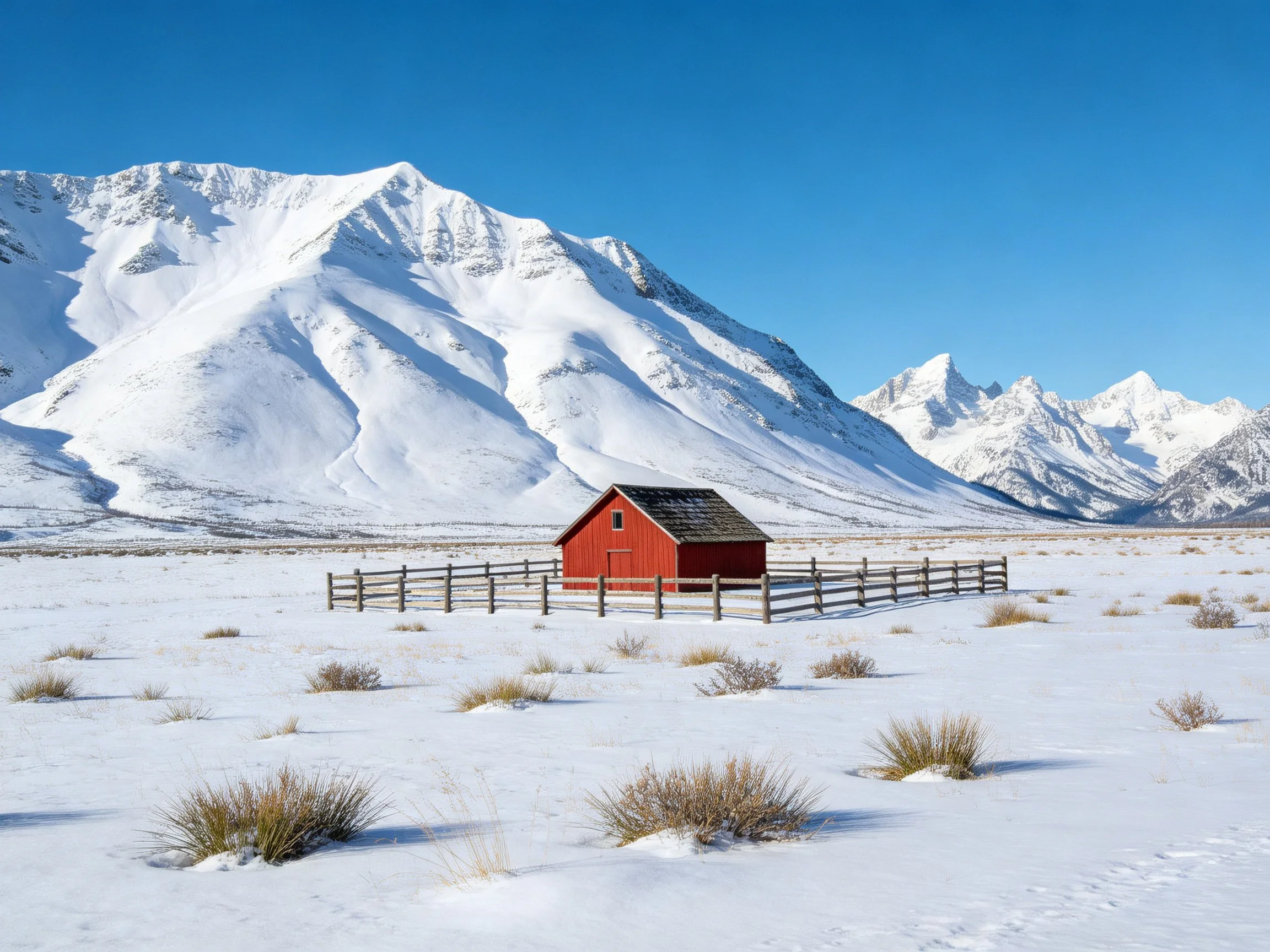 A bright red barn near snow - covered mountains under clear blue sky