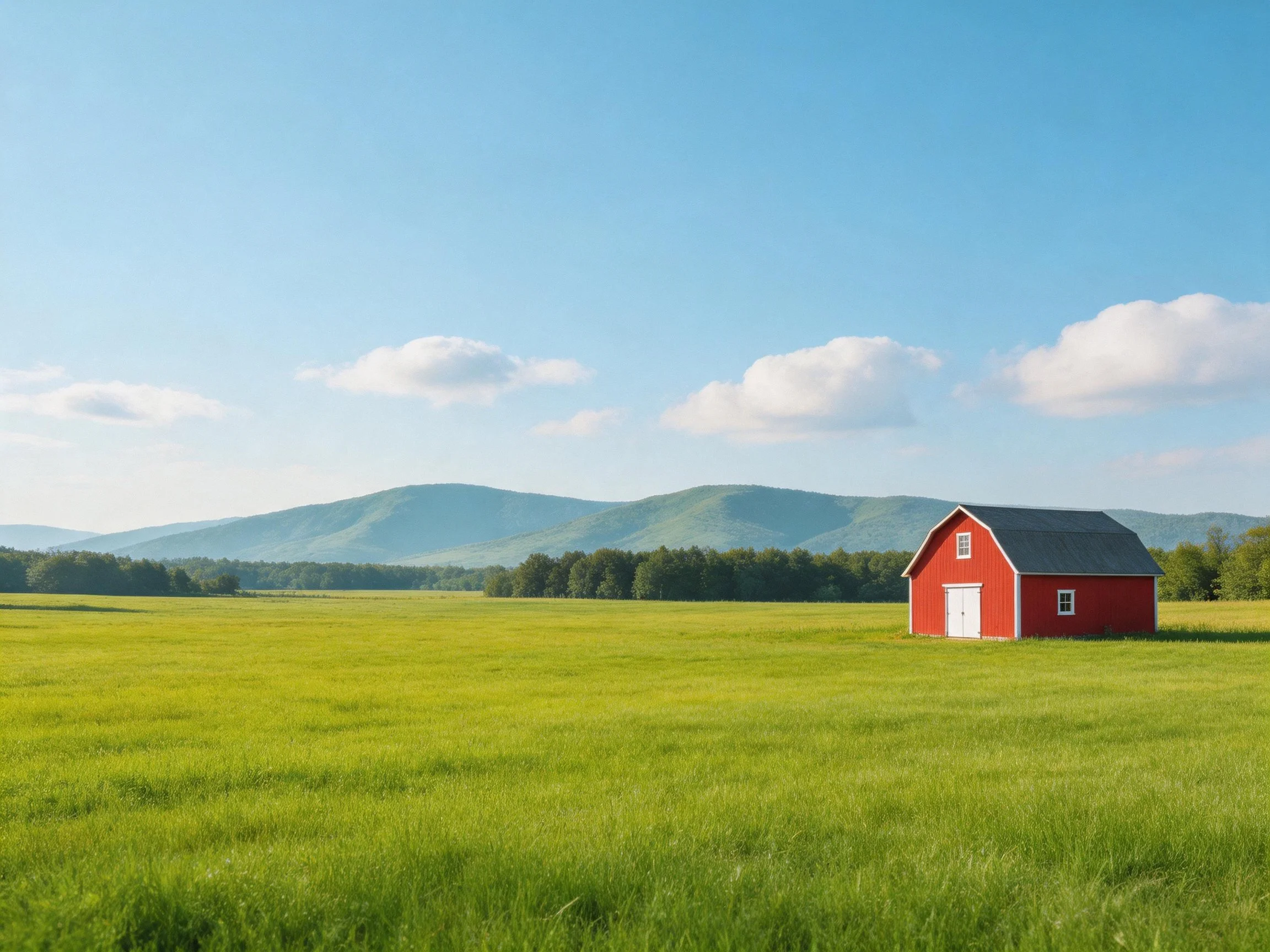 A bright red barn stands alone in a vast green field