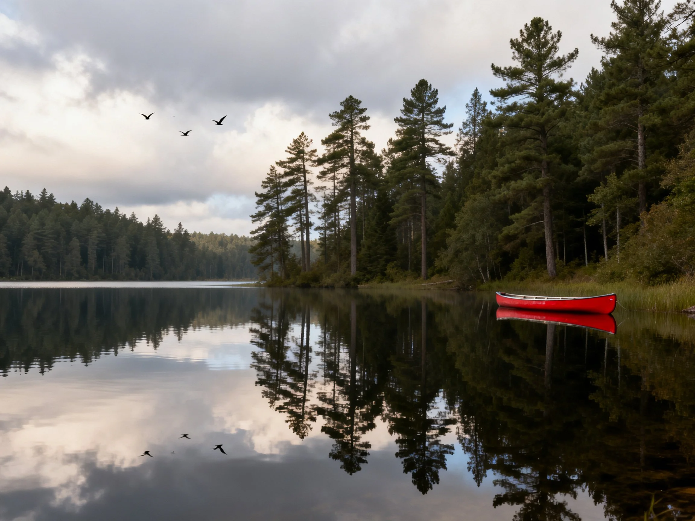 A bright red canoe by tall pine trees near calm water