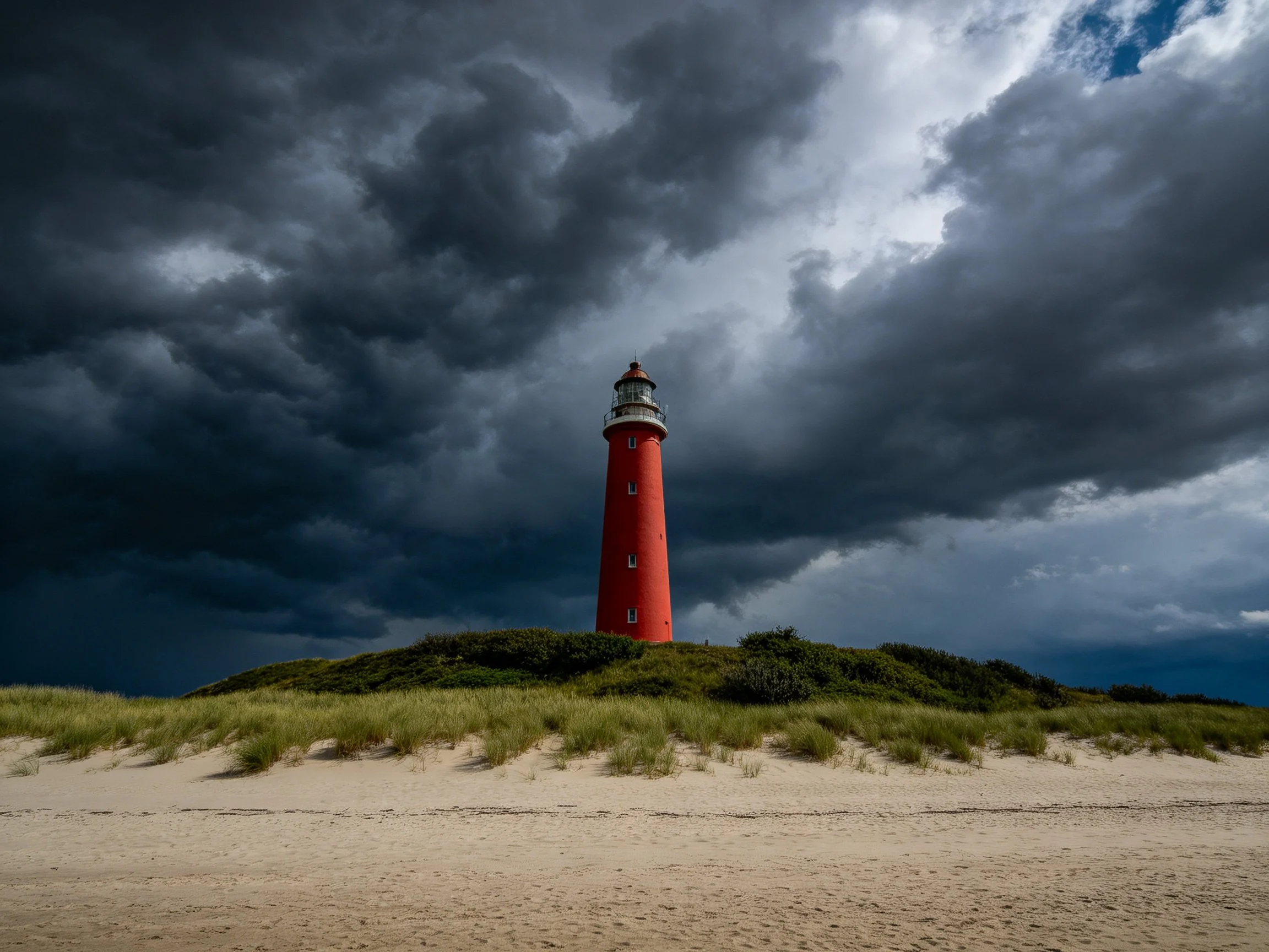 A bright red lighthouse atop a sandy dune under stormy skies