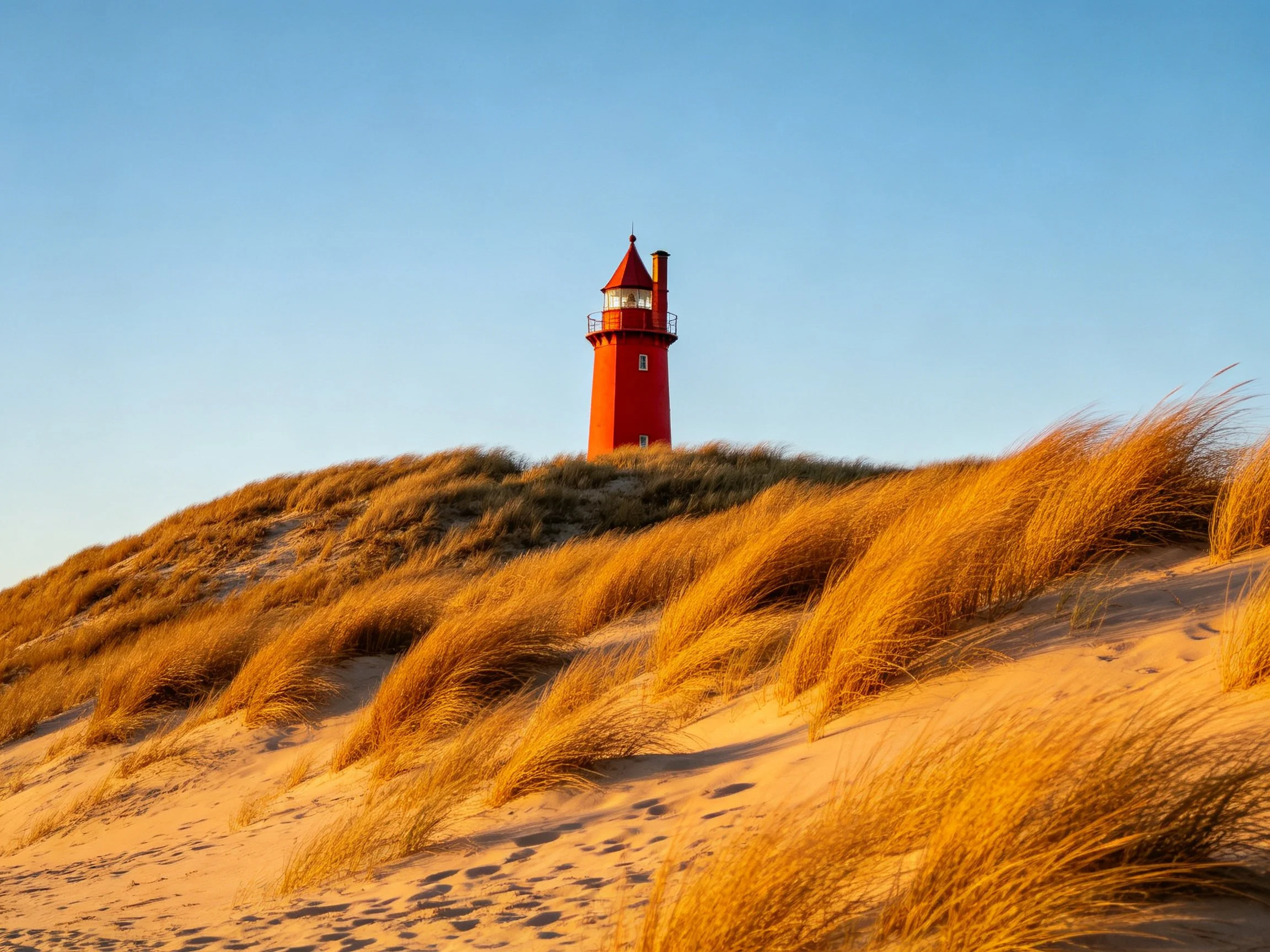 A bright red lighthouse atop golden sand dunes under clear blue sky