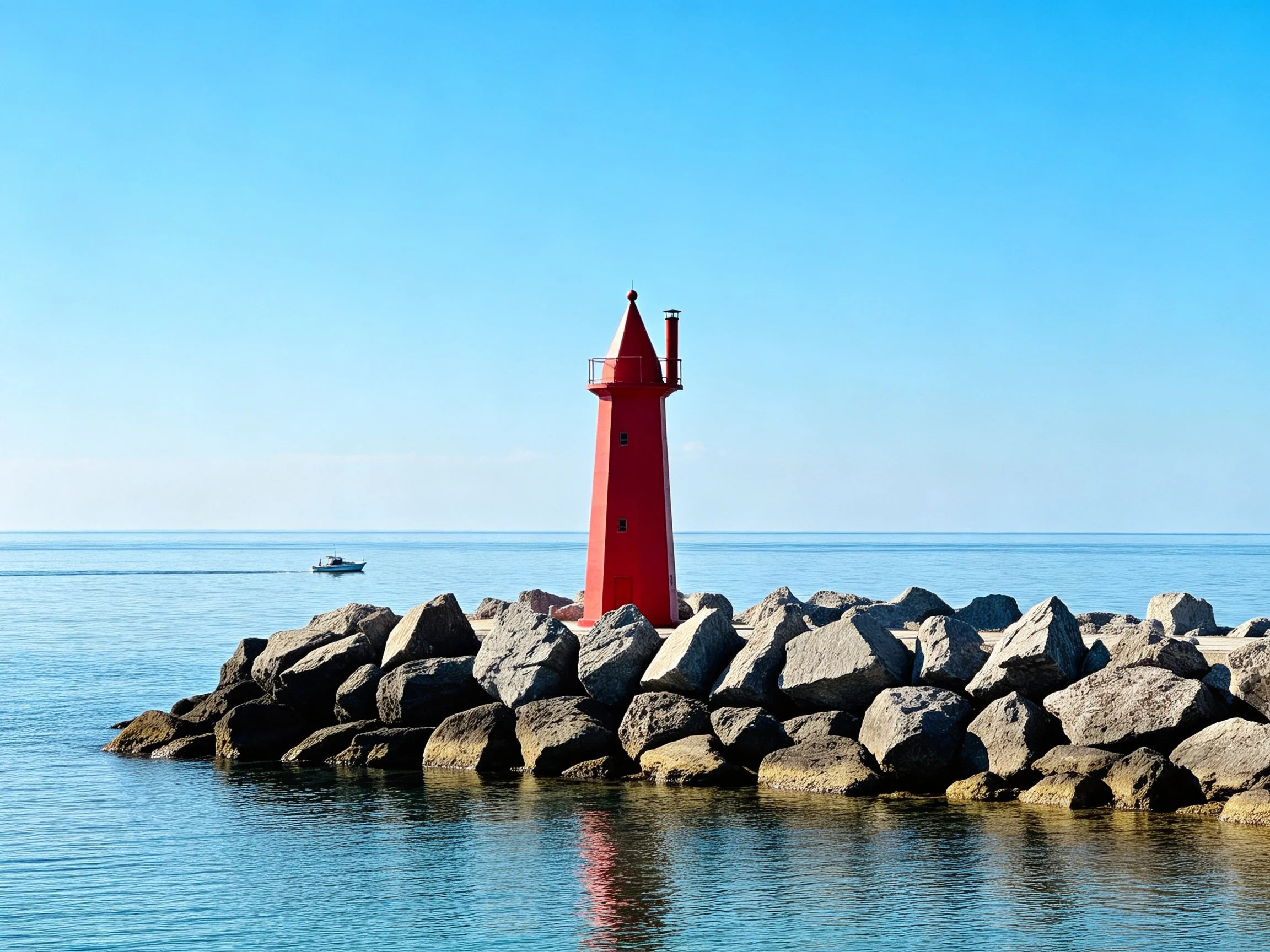 A bright red lighthouse atop large gray rocks by calm blue waters