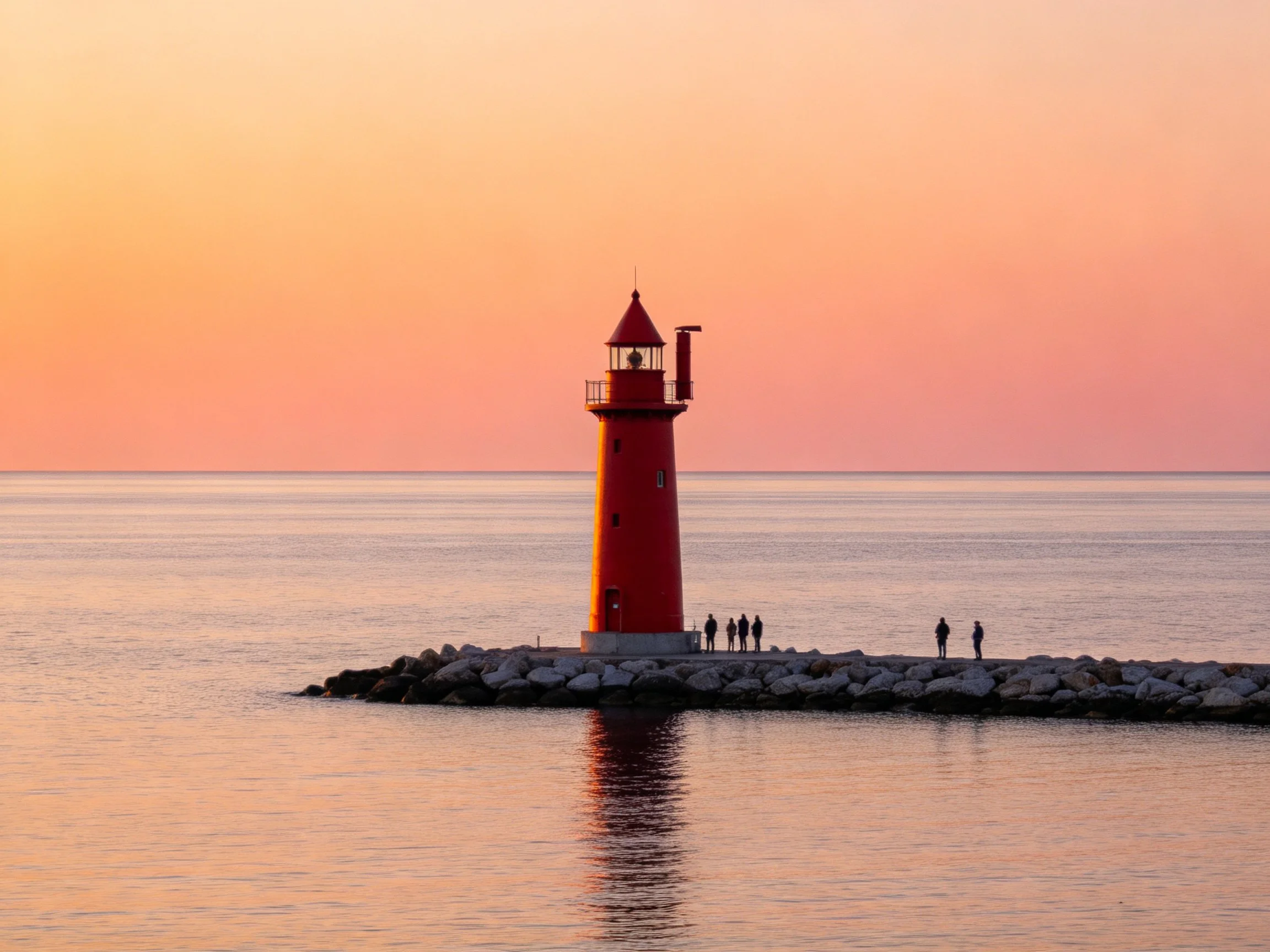 A bright red lighthouse on a stone breakwater at sunset