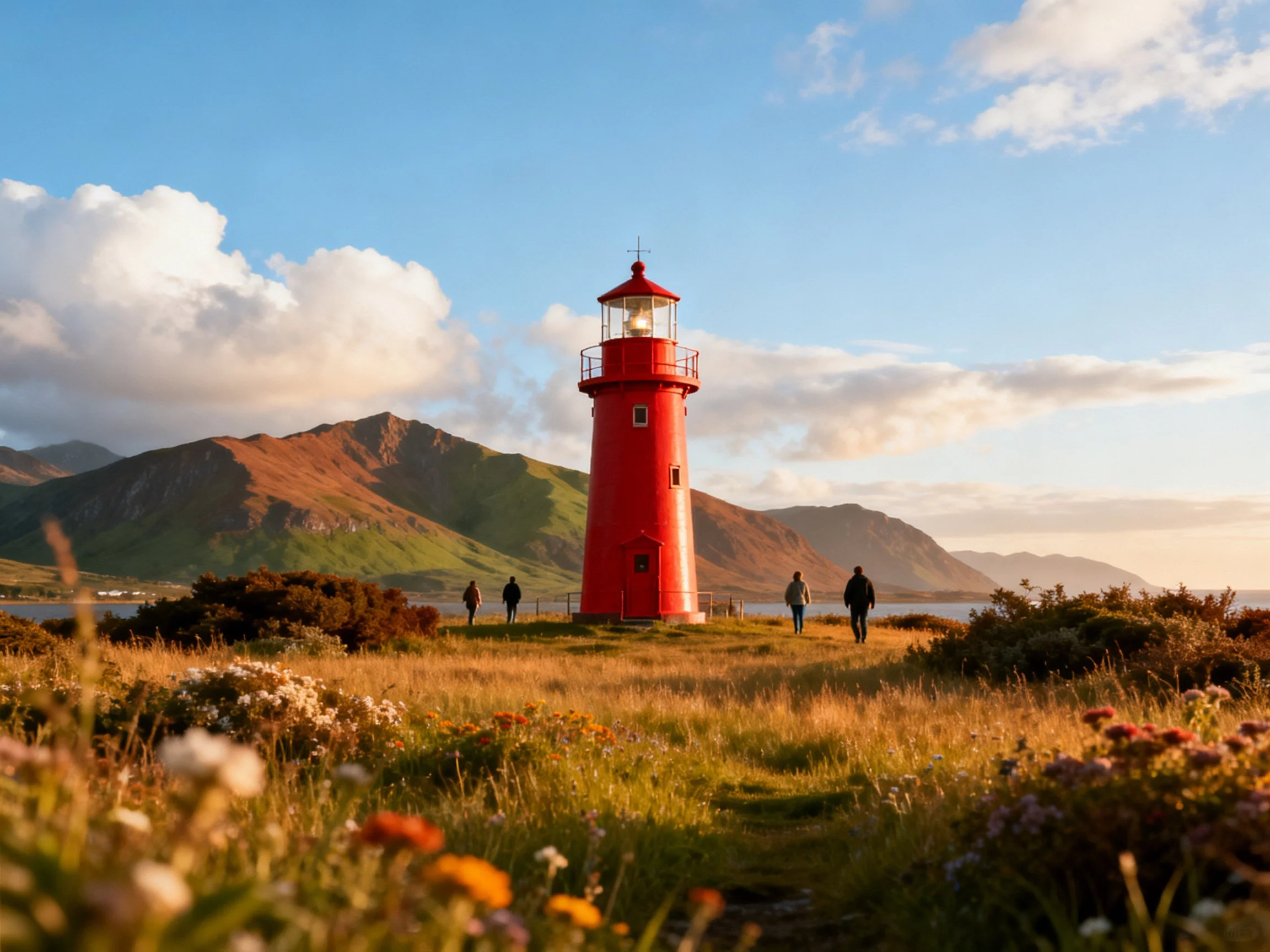 A bright red lighthouse stands amid golden fields near green mountains