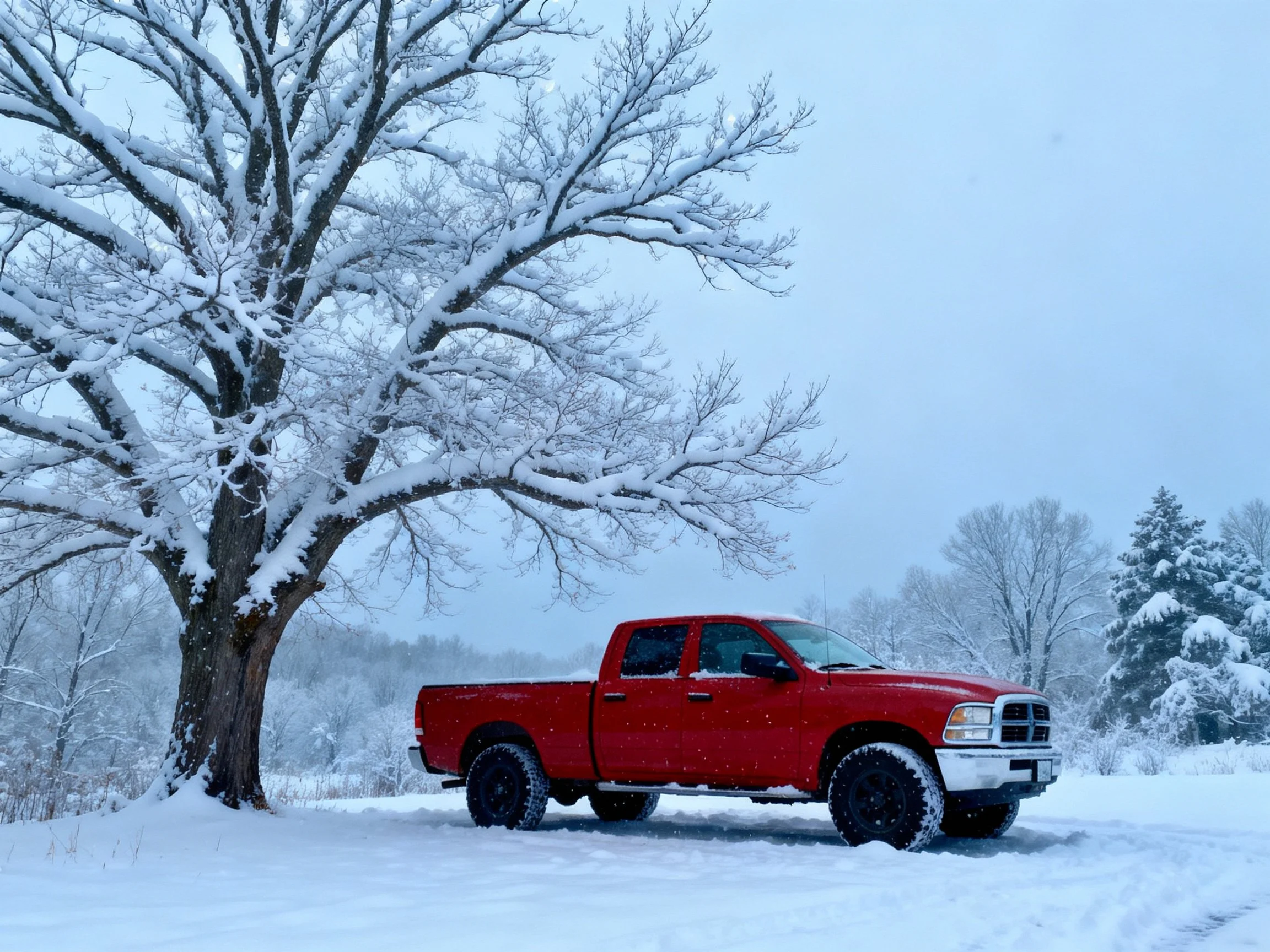 A bright red pickup truck near a large snow-covered tree