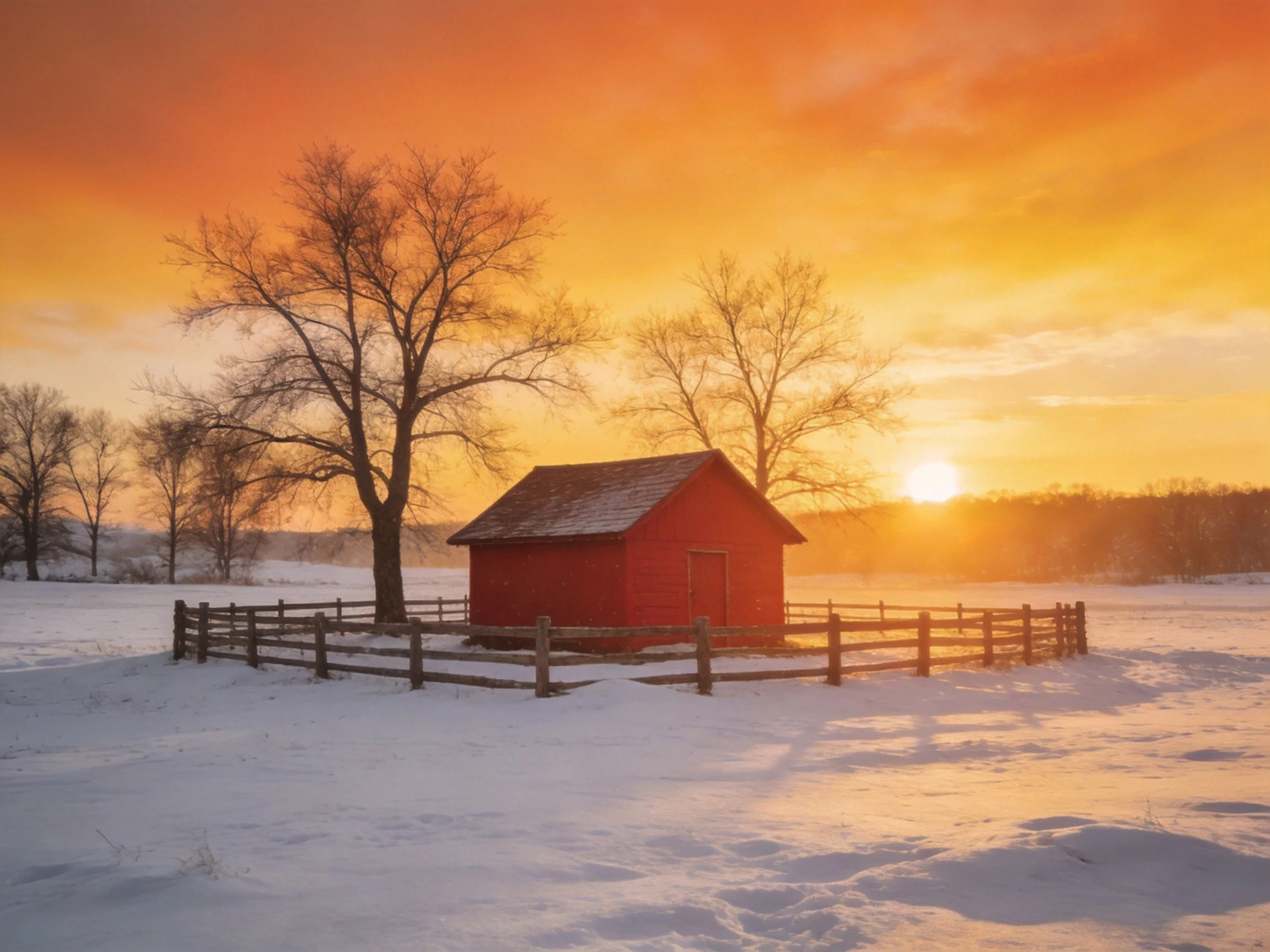 A bright red shed in a snowy field under golden sunset skies