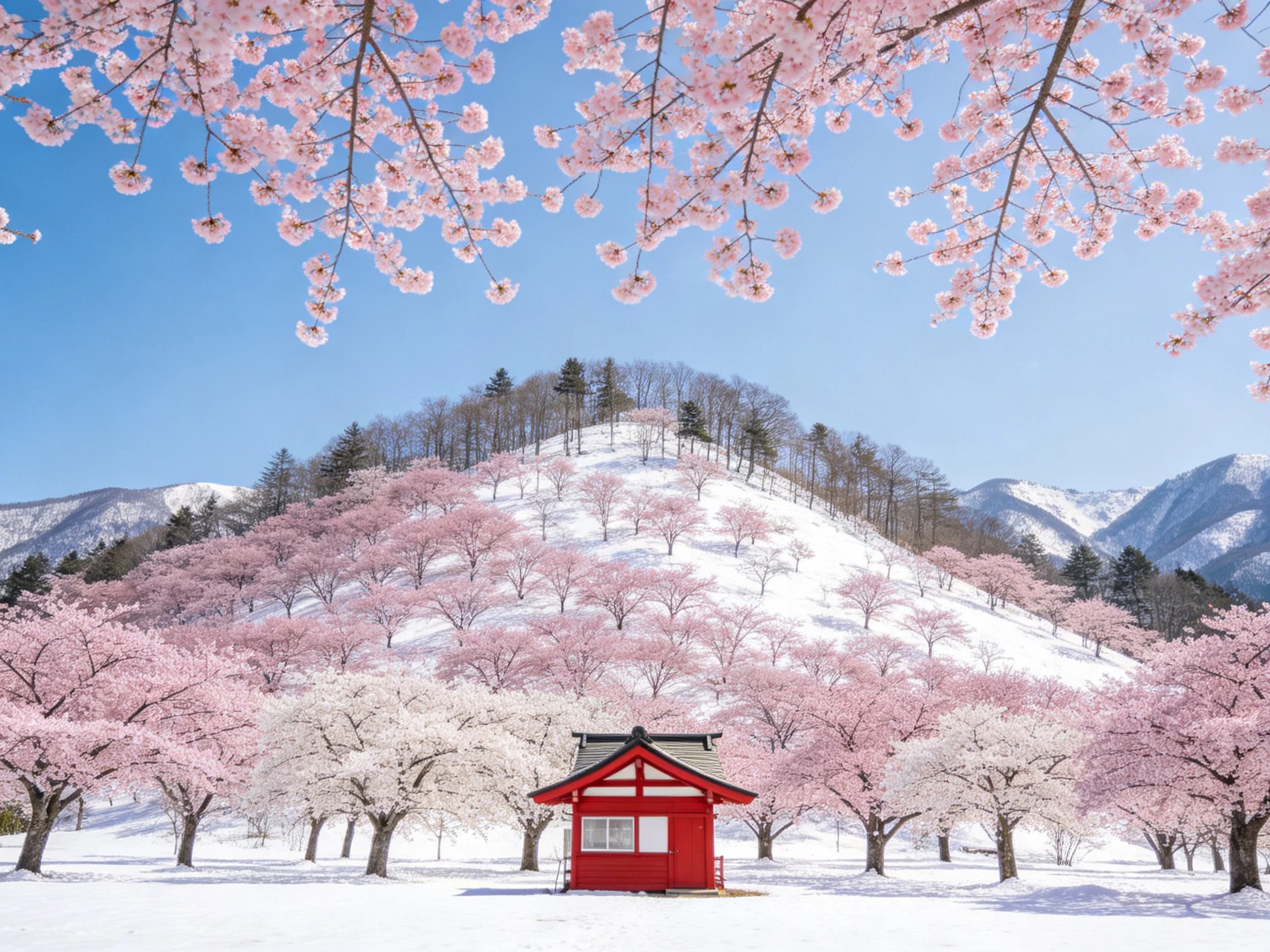 A bright red shrine amid cherry blossom trees and snowy hills