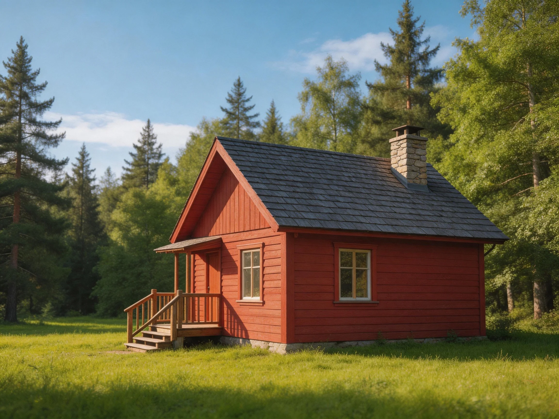 A bright red wooden cabin nestled among dense green trees