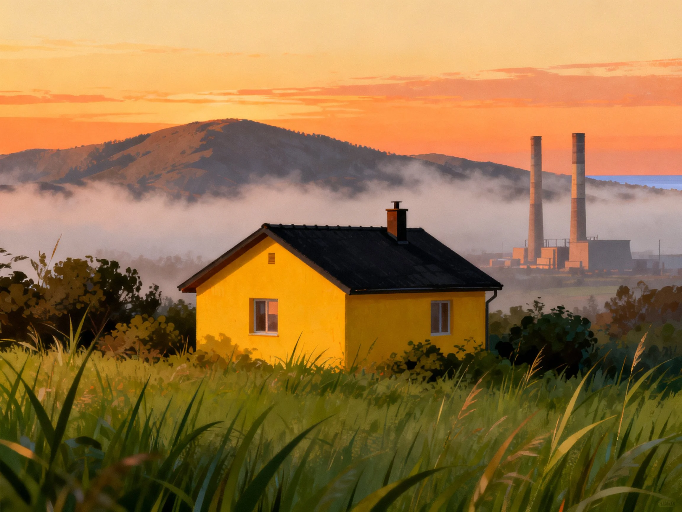 A bright yellow cottage amid tall grass with misty mountains and industrial towers
