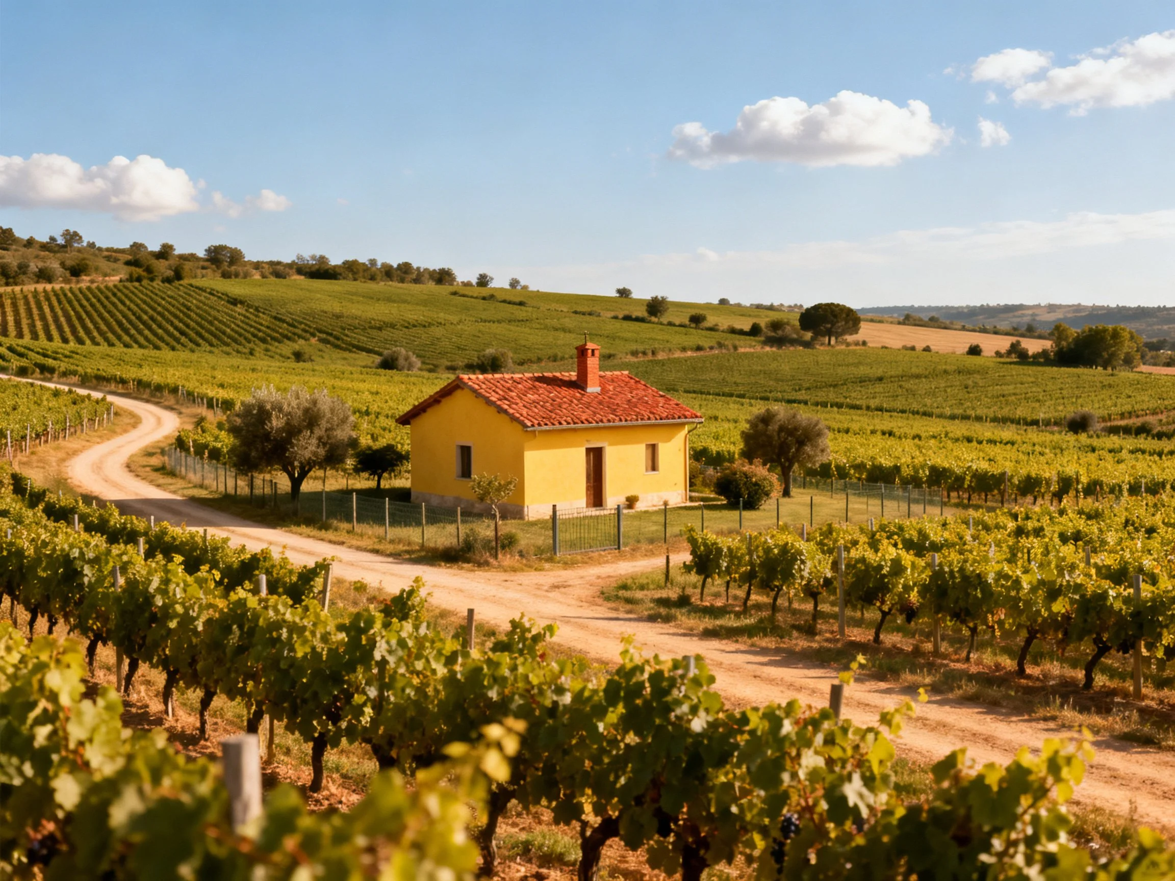 A bright yellow cottage near lush green vineyards under clear blue skies