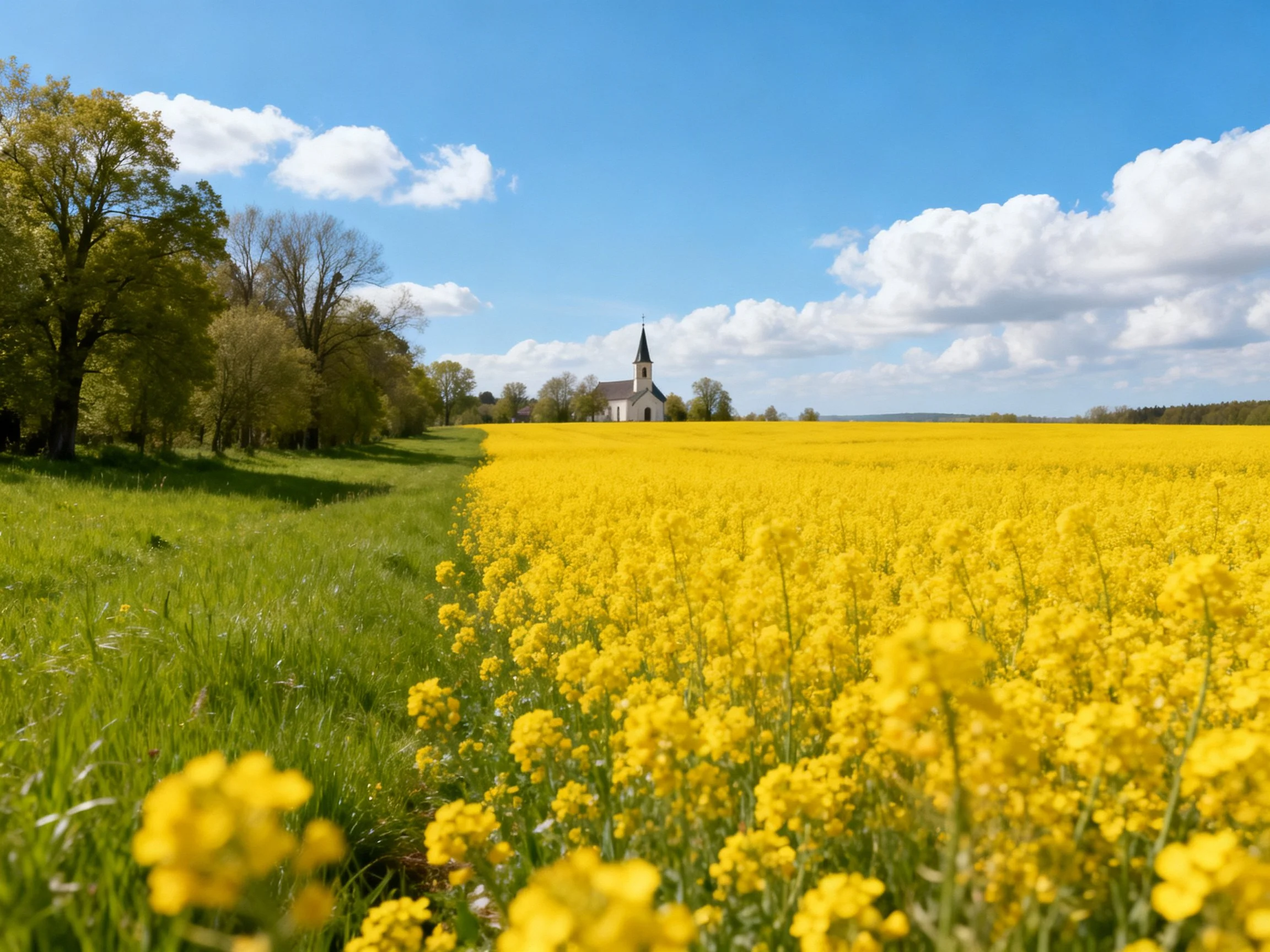 A bright yellow flower field beside lush green meadow